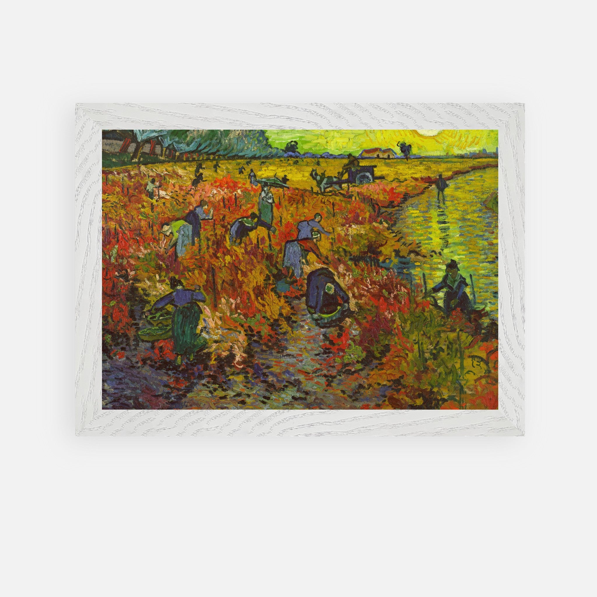The Red Vineyard by Van Gogh, framed art print of grape harvesters in vibrant autumn colors.