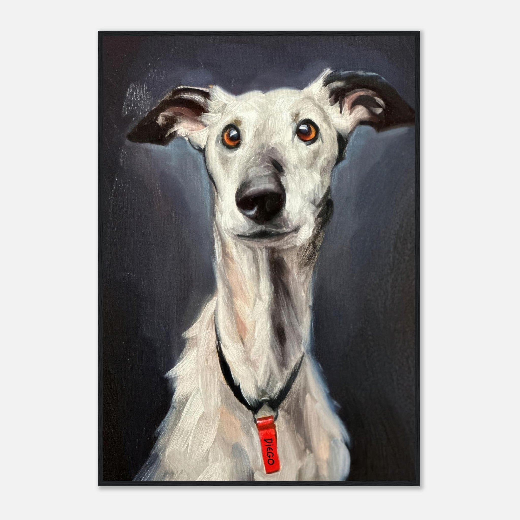 Framed print of a greyhound dog with soulful expression and elegant features, ideal for home décor.