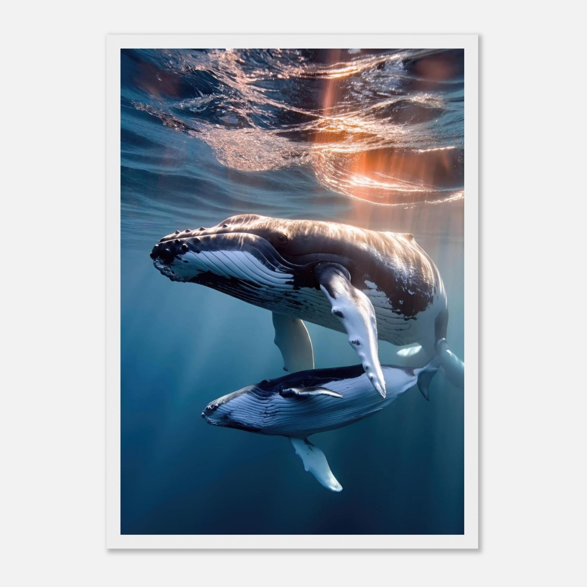 Stunning framed print of a humpback whale and calf swimming underwater in vibrant blue waters.