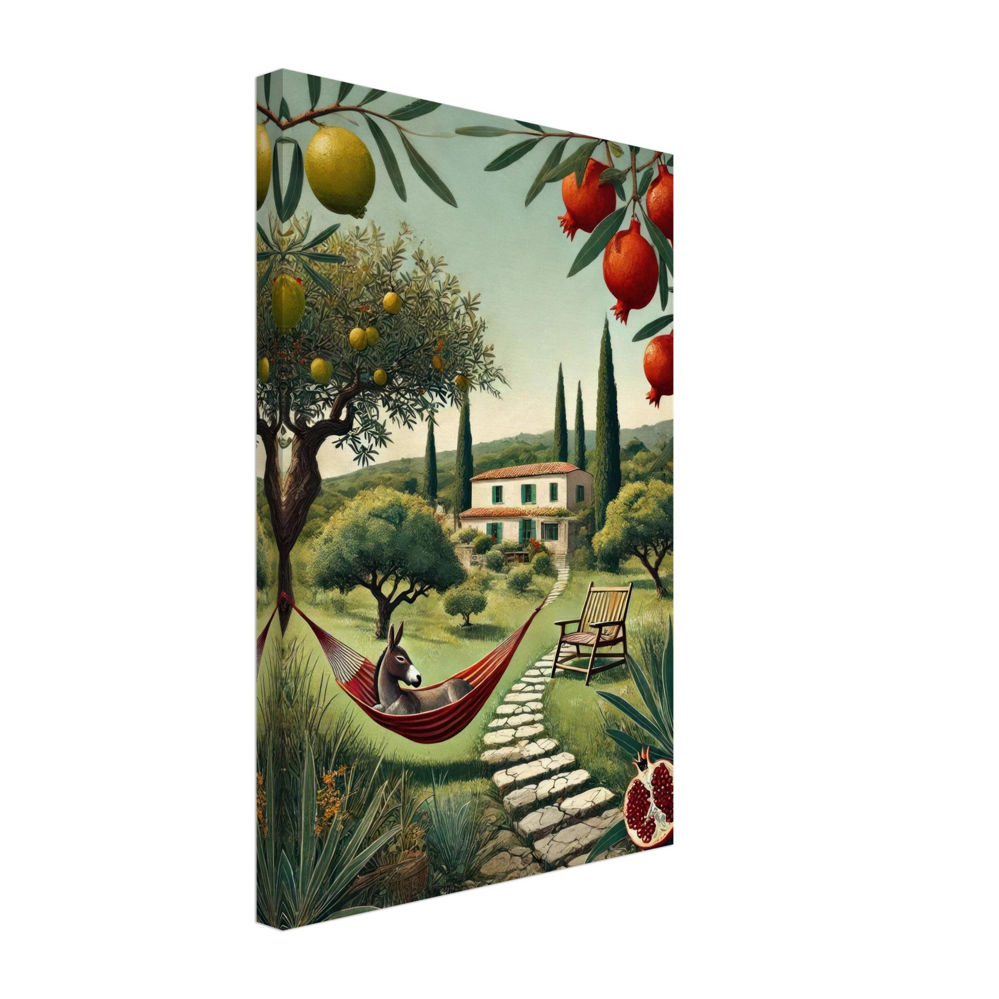 Mediterranean rural landscape canvas print featuring a hammock, villa, and fruit trees for a serene escape.