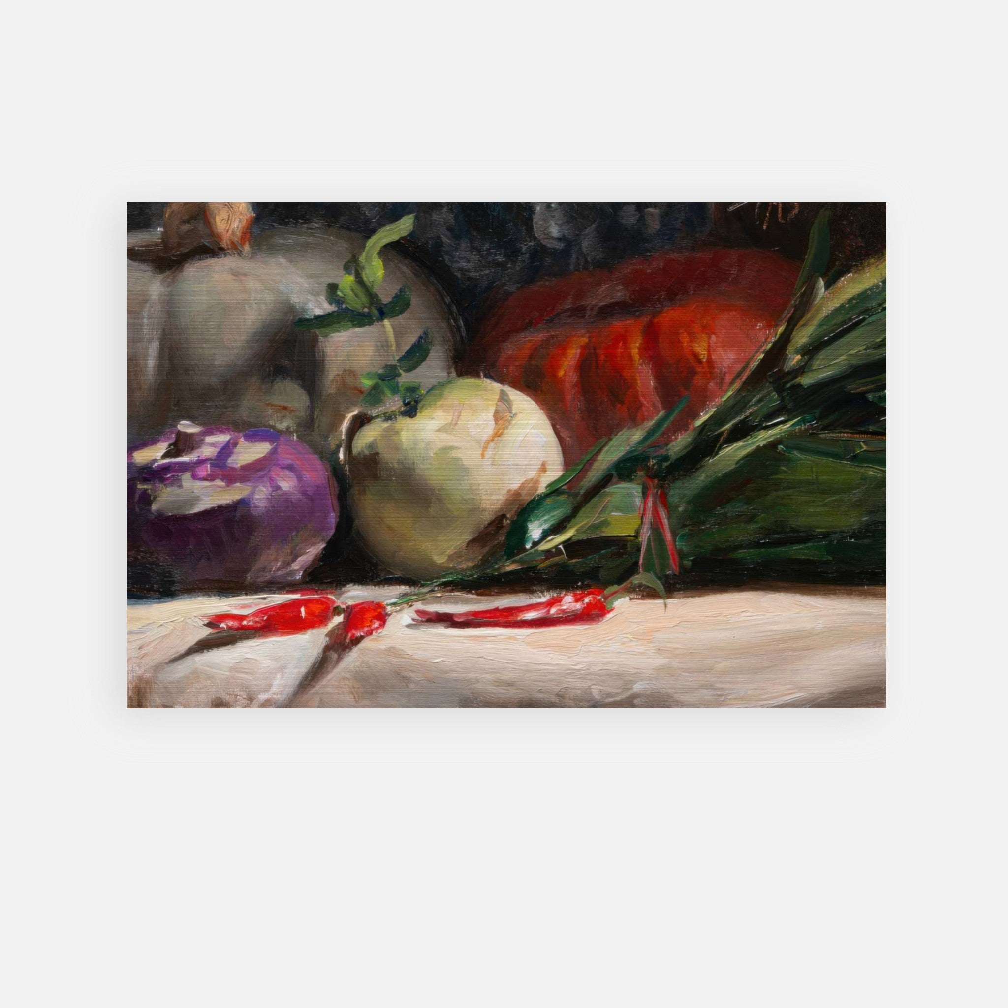Brushed metal artwork of kohlrabi, pumpkins, and chilis in vibrant still life composition.
