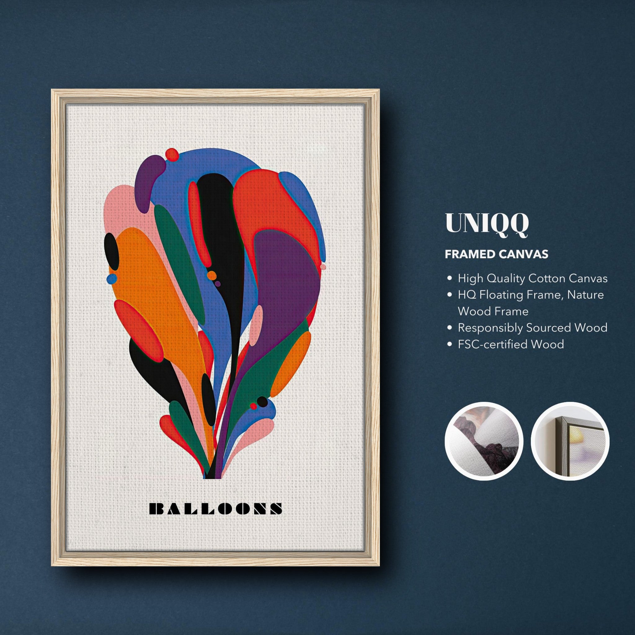 Abstract Balloon Art Framed Canvas Print showcasing vibrant colors in a modern design, perfect for home decor.