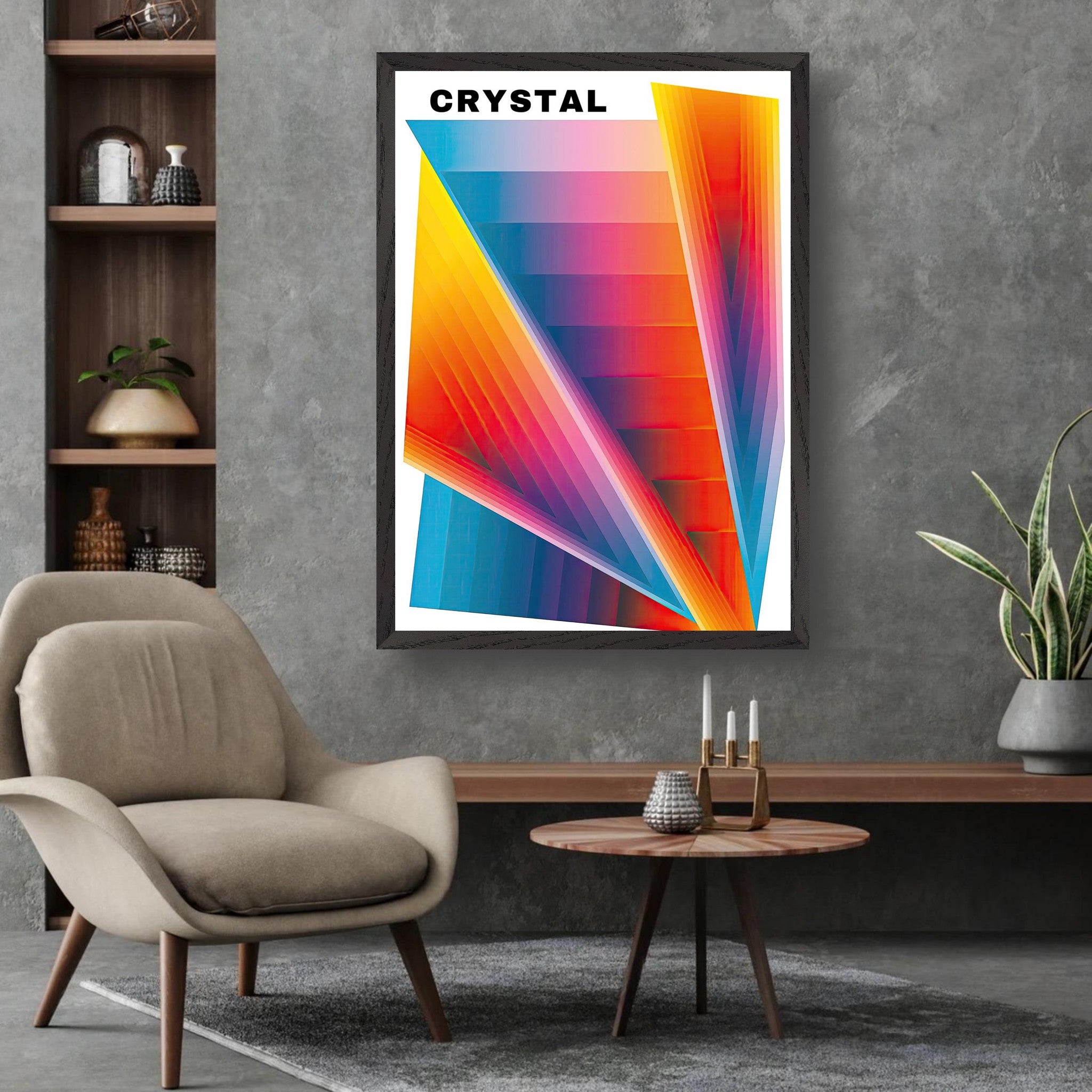Crystal Abstract Art print featuring vibrant colors and geometric design in a modern living room setting.