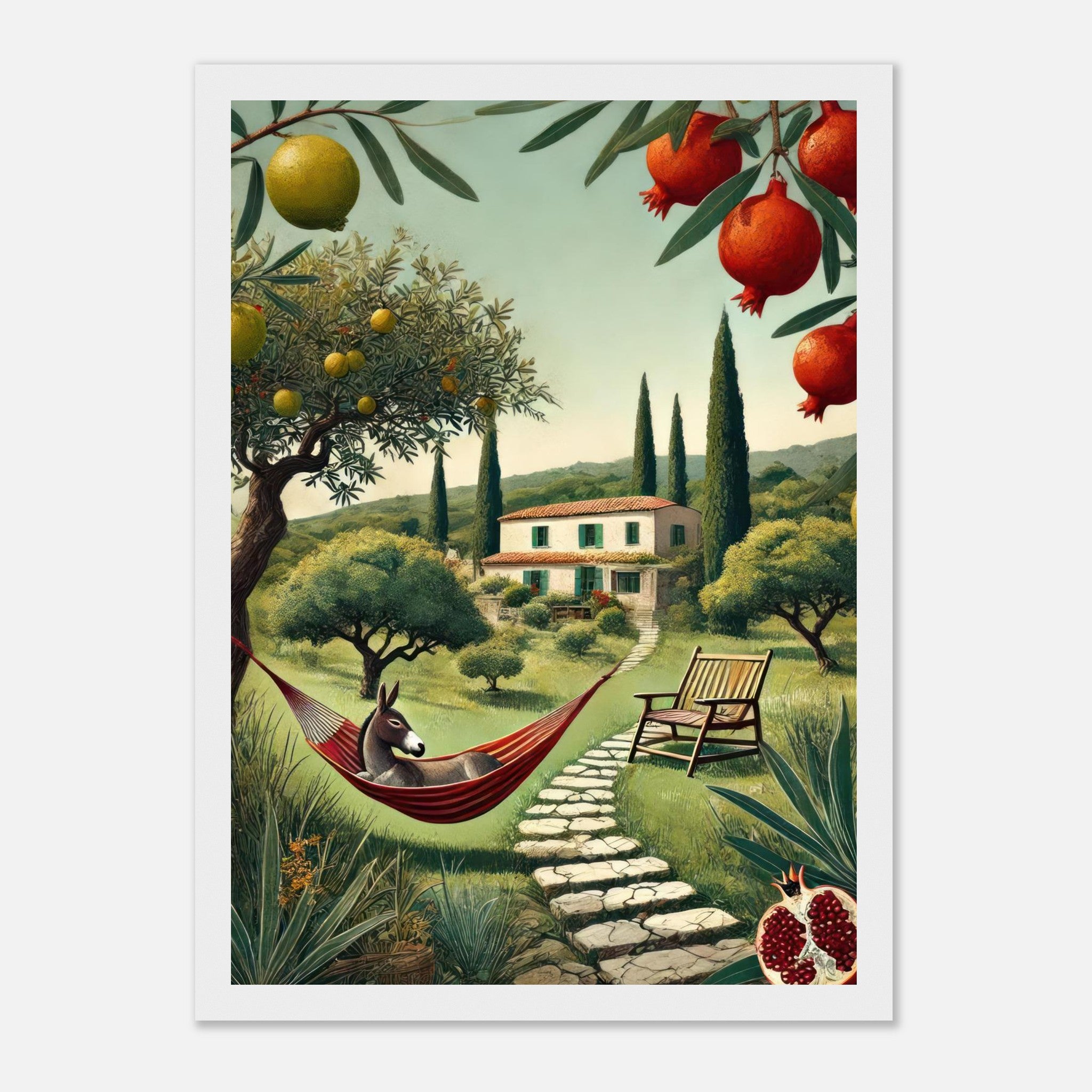 Charming Mediterranean landscape with a donkey in a hammock, lush greenery, and a sunlit villa in a framed print.