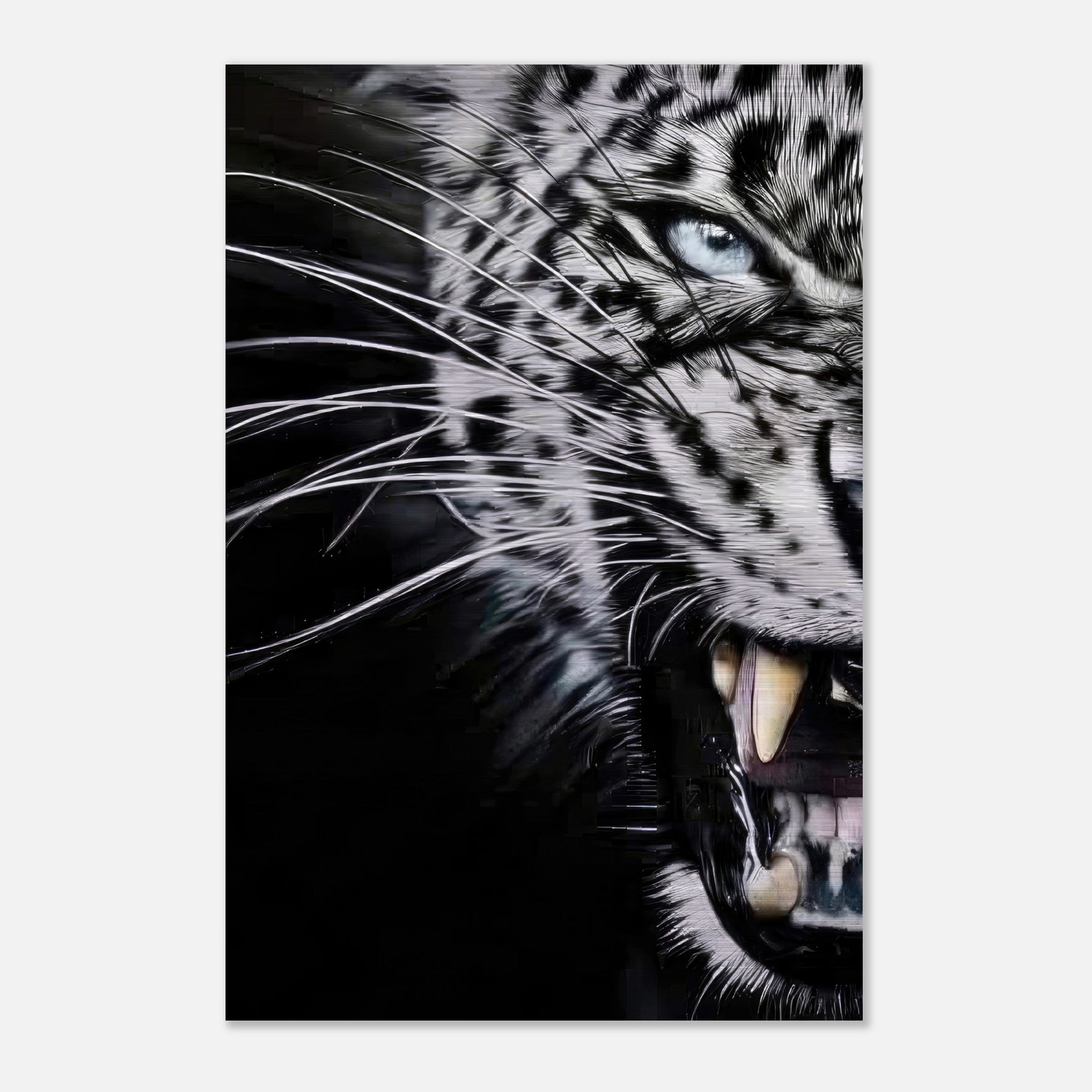 Leopard close-up portrait on brushed metal print, showcasing fierce expression and striking blue eyes.