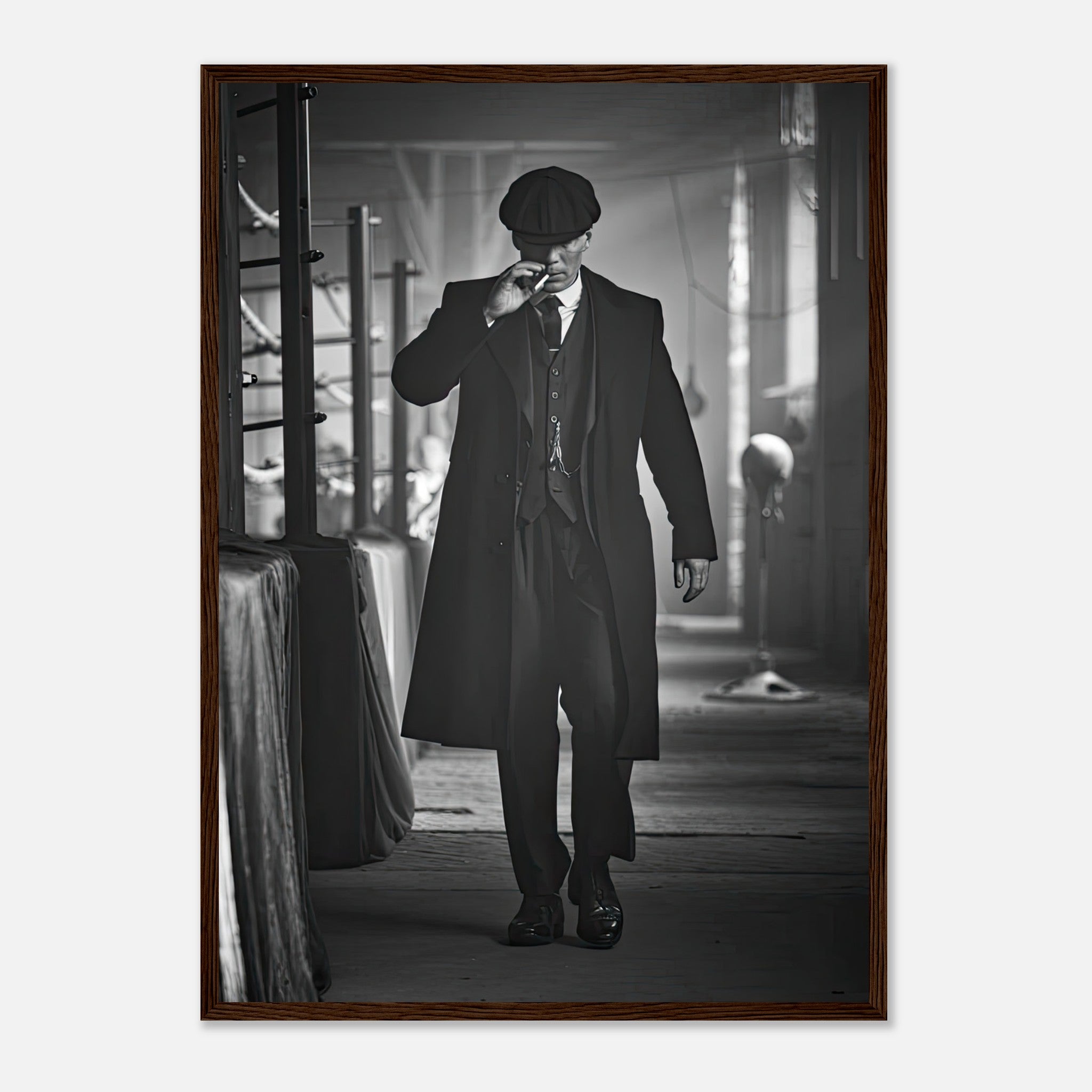 Tommy Shelby framed print from Peaky Blinders, showcasing 1920s style in black-and-white.