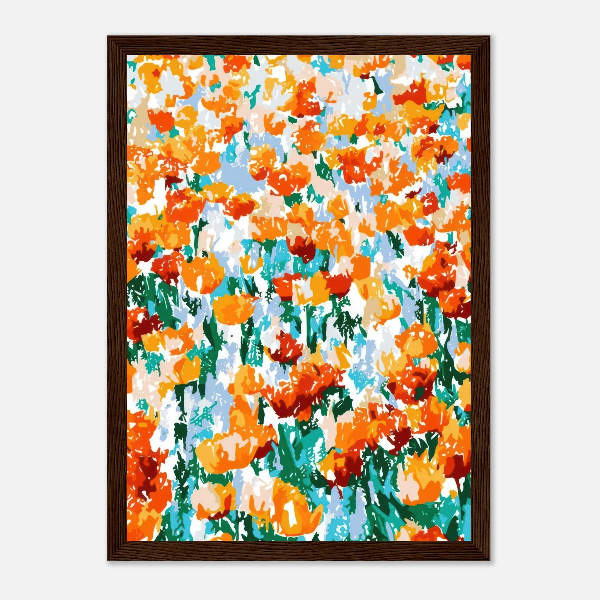 Vibrant abstract floral tulip garden framed print showcasing bold oranges and greens in an artistic design.