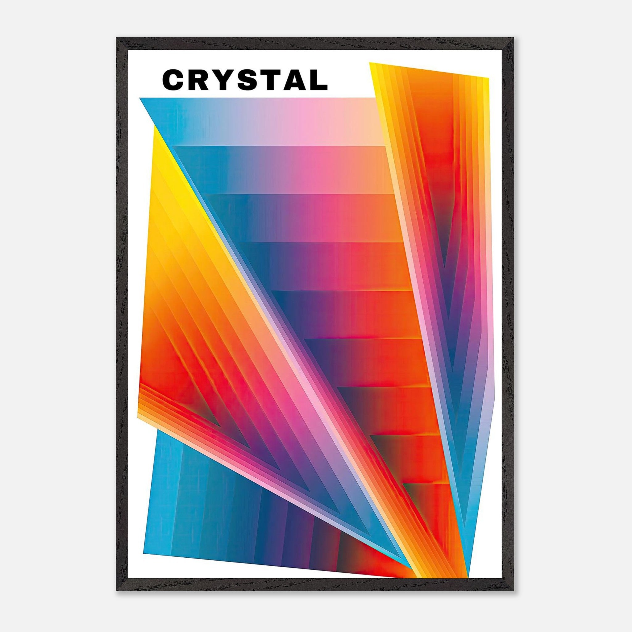 Vibrant crystal abstract art print with geometric layers and bold gradients, framed for museum-quality display.