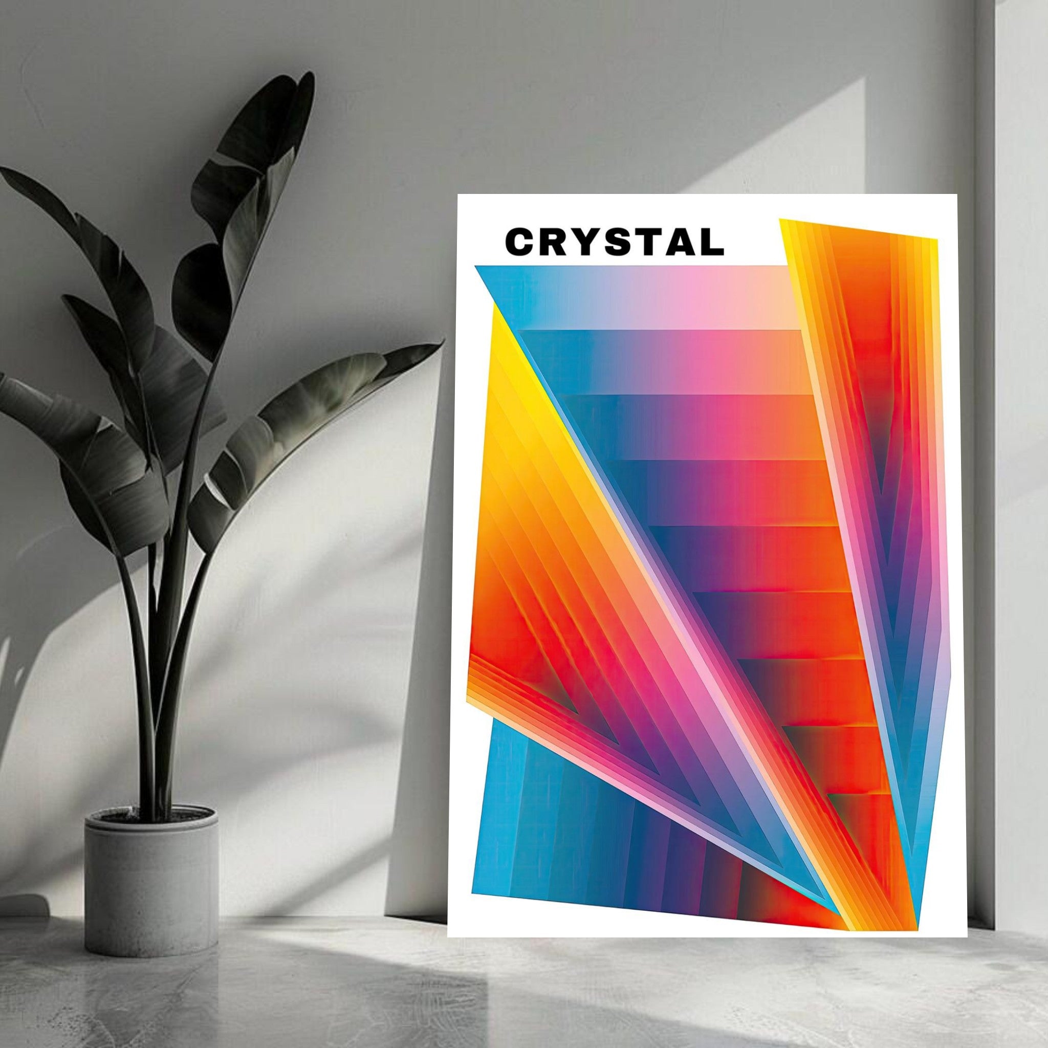 Vibrant crystal abstract art metal print showcasing dynamic colors and geometric patterns in a modern setting.