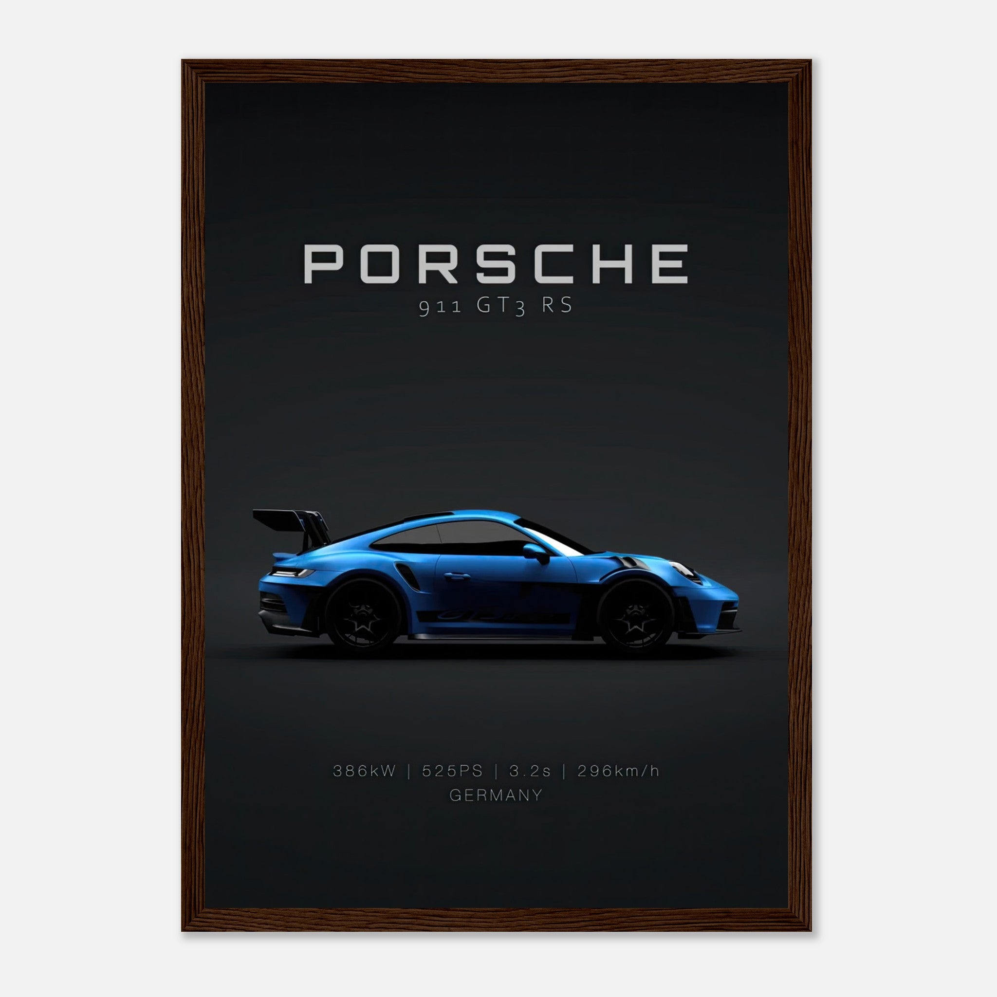 Framed poster of Porsche 911 GT3 RS showcasing its powerful profile and performance stats in high-definition.