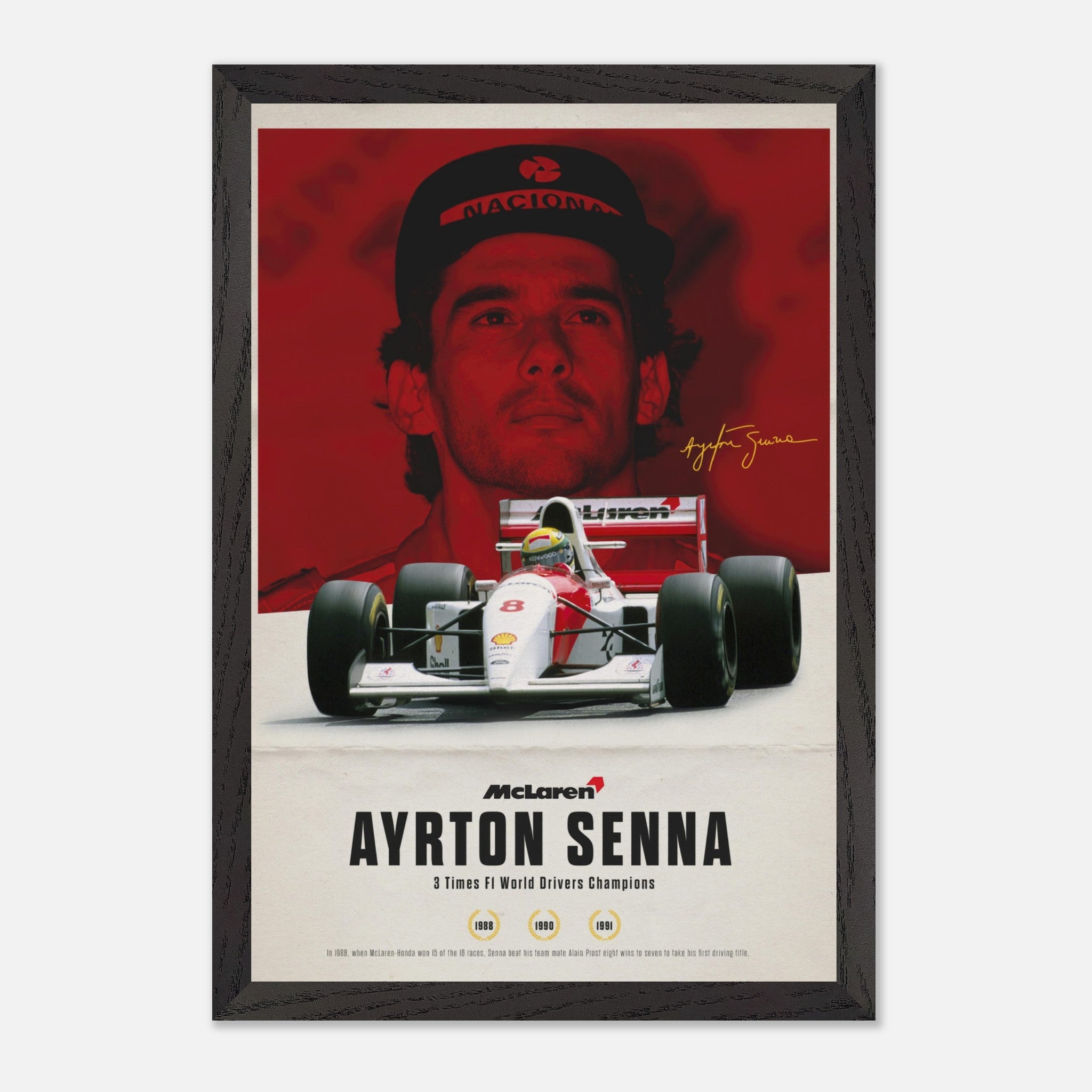 Ayrton Senna vintage framed art featuring his McLaren car in striking red, with signature and championship years.