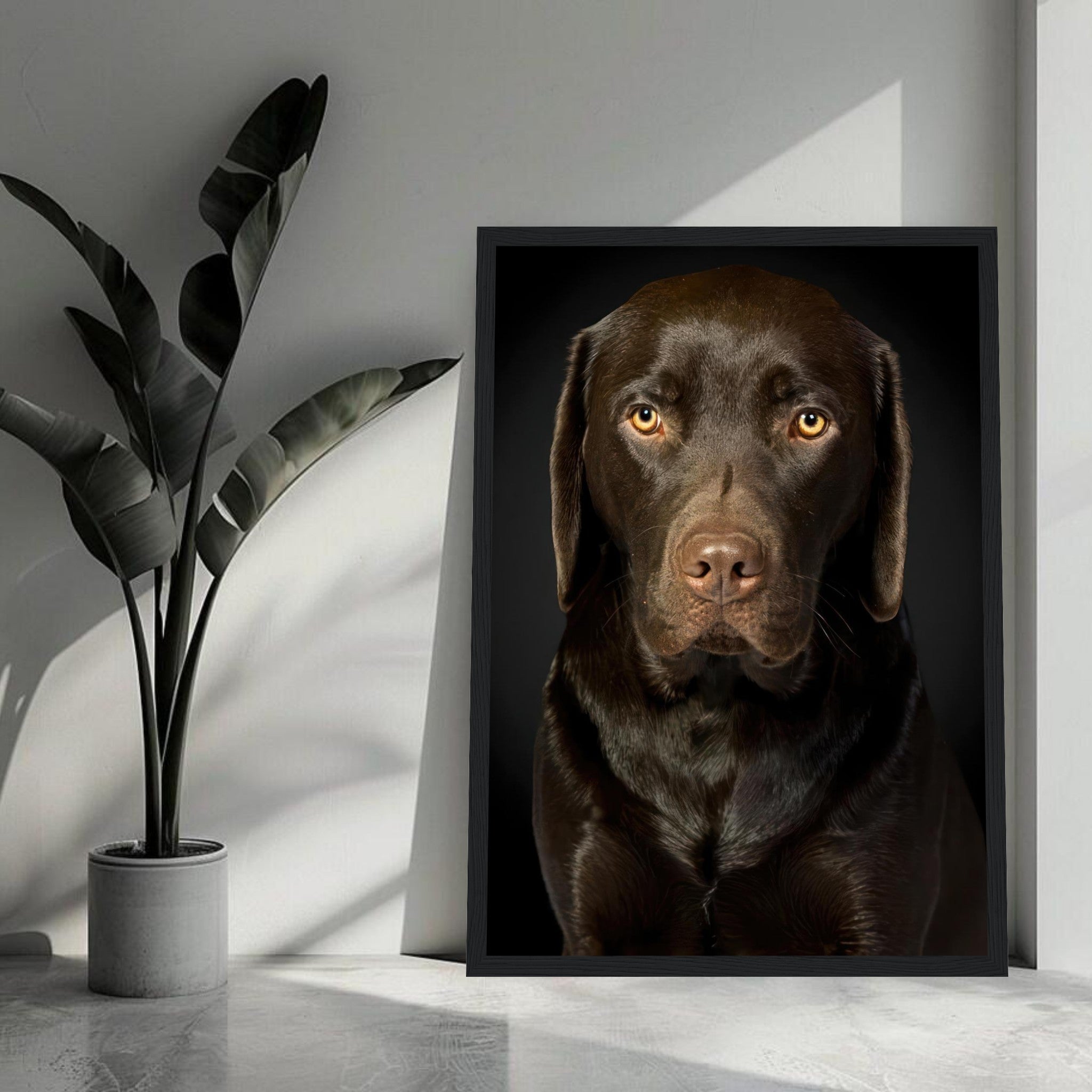 Framed portrait of a chocolate Labrador Retriever with amber eyes against a dark background in a modern setting.