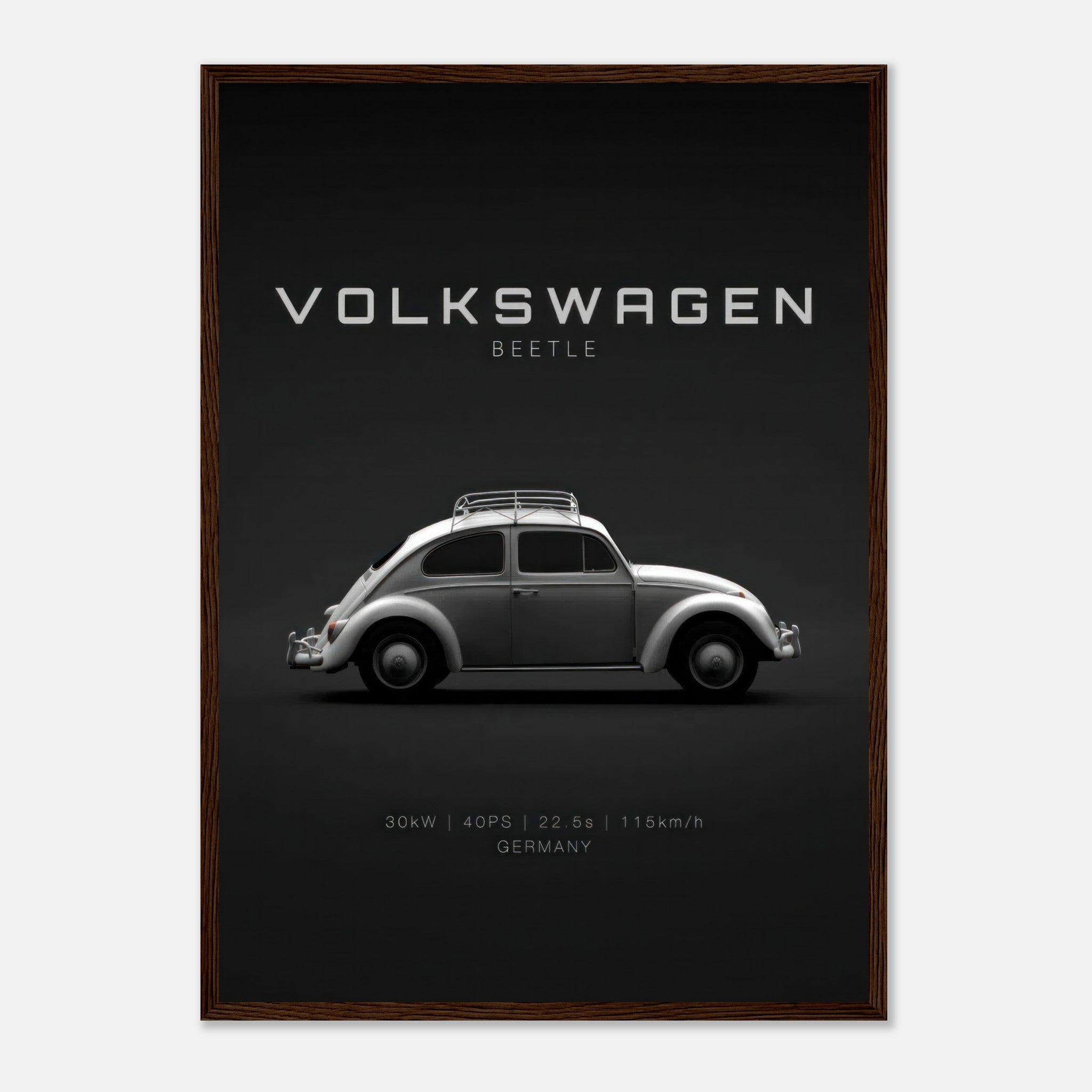 Framed poster of a Volkswagen Beetle showcasing its sleek side profile against a minimalist black background.
