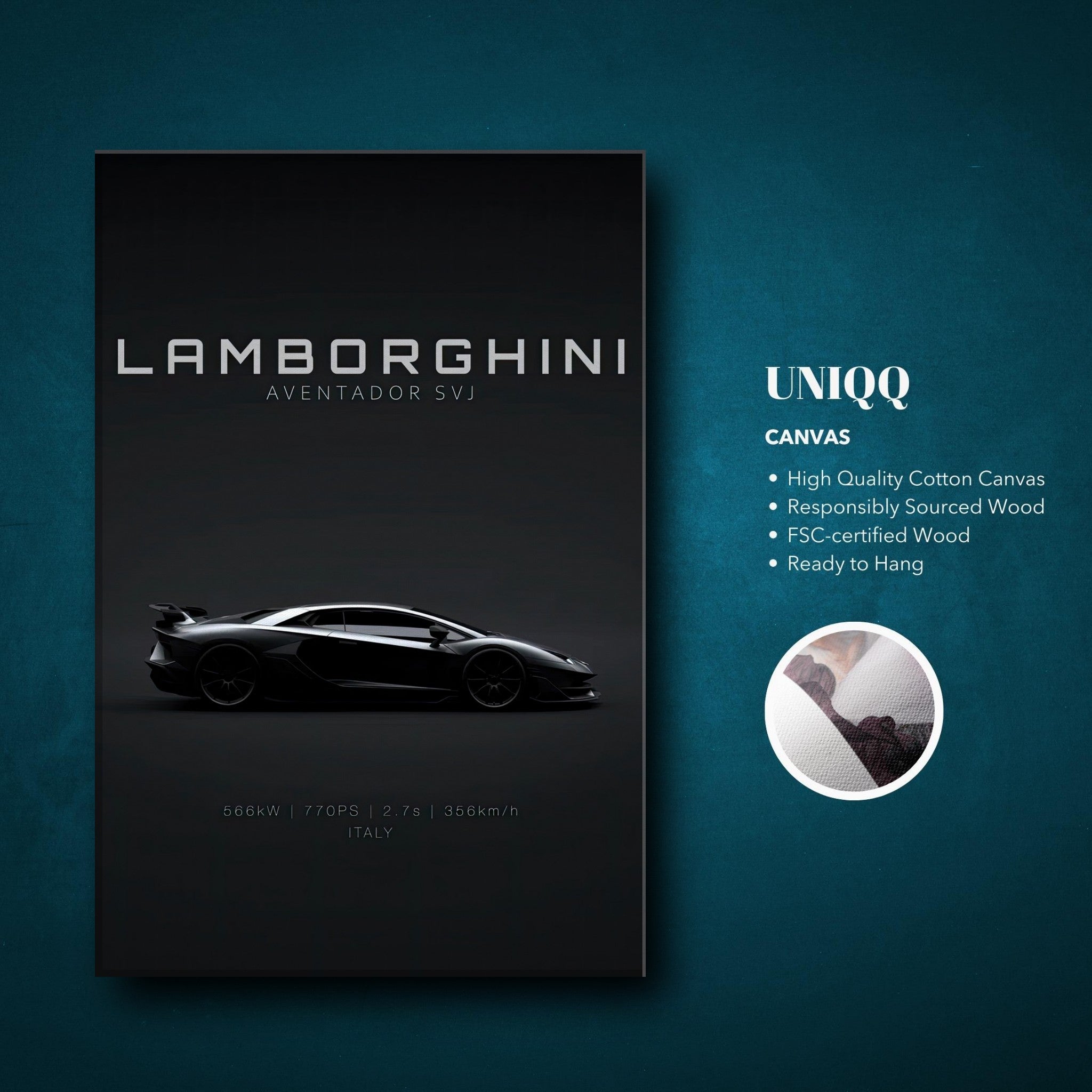 Lamborghini Aventador SVJ canvas art featuring sleek silhouette on a minimalist black background.
