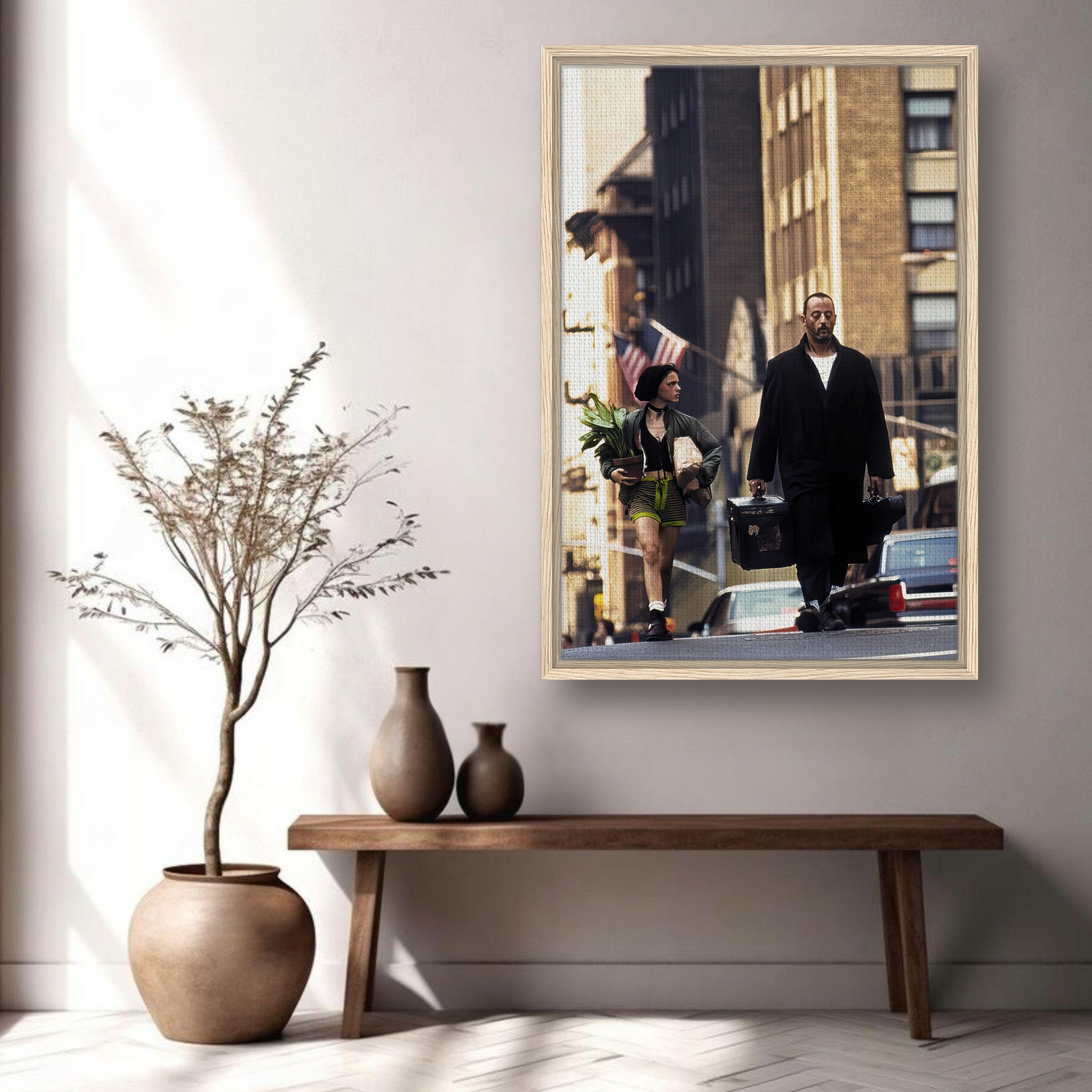 Framed canvas print of Jean Reno and Natalie Portman in Leon, capturing iconic cinematic moments.