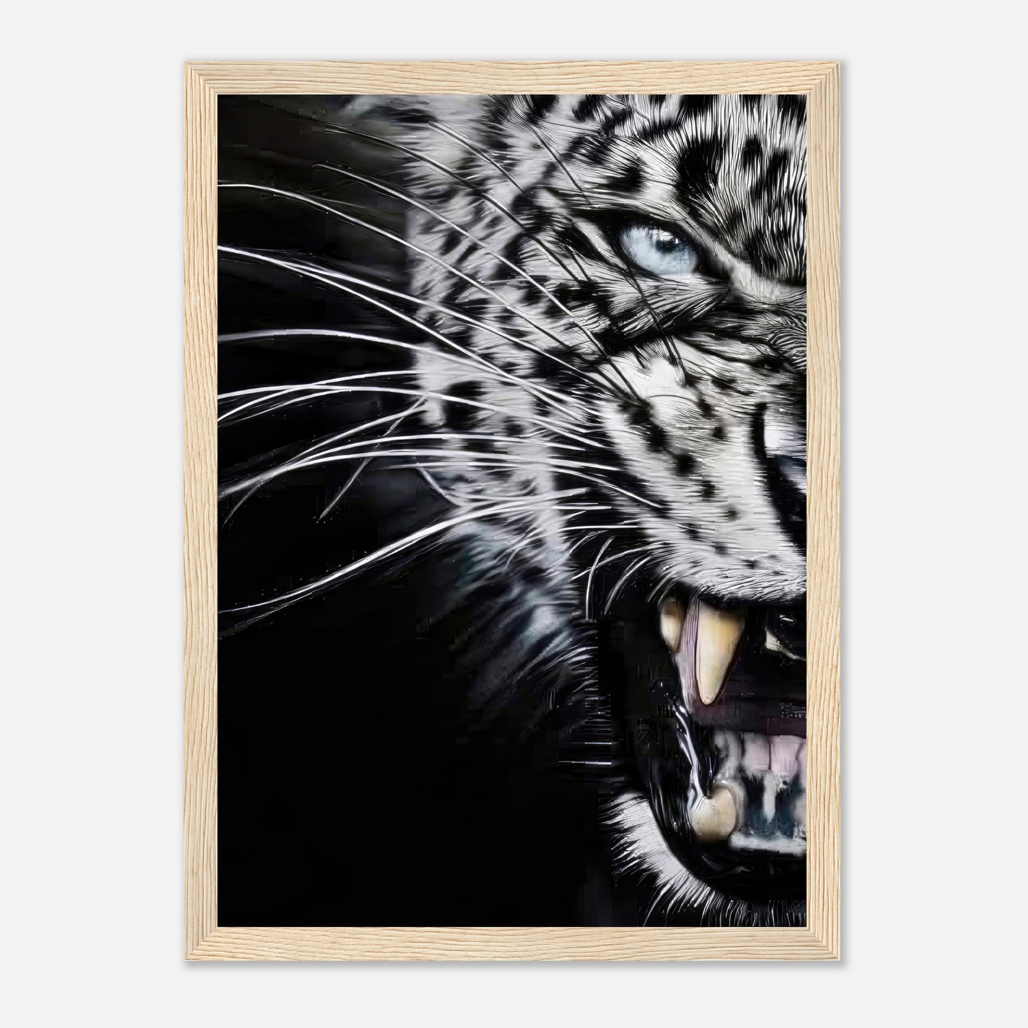 Leopard Close-Up Portrait Framed Print showcasing intense blue eye and fierce expression on dark background.
