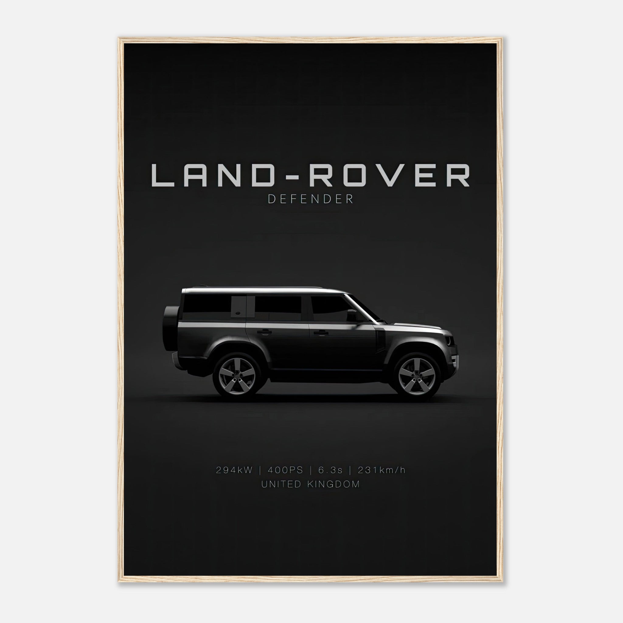 Framed print of a Land Rover Defender featuring a minimalist black side profile on a sleek dark background.