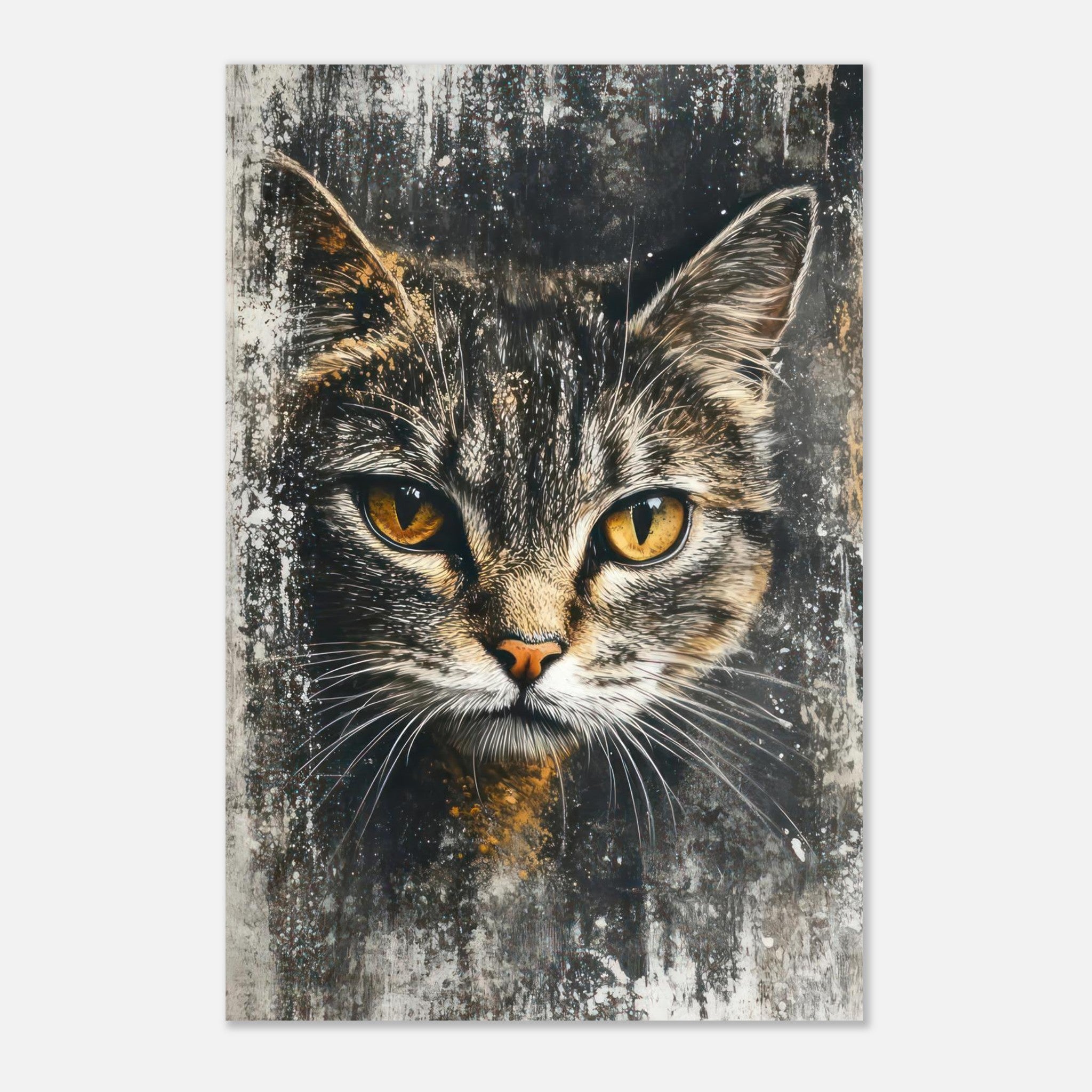 Stunning cat painting artwork metal print featuring piercing golden eyes and detailed feline portrait.