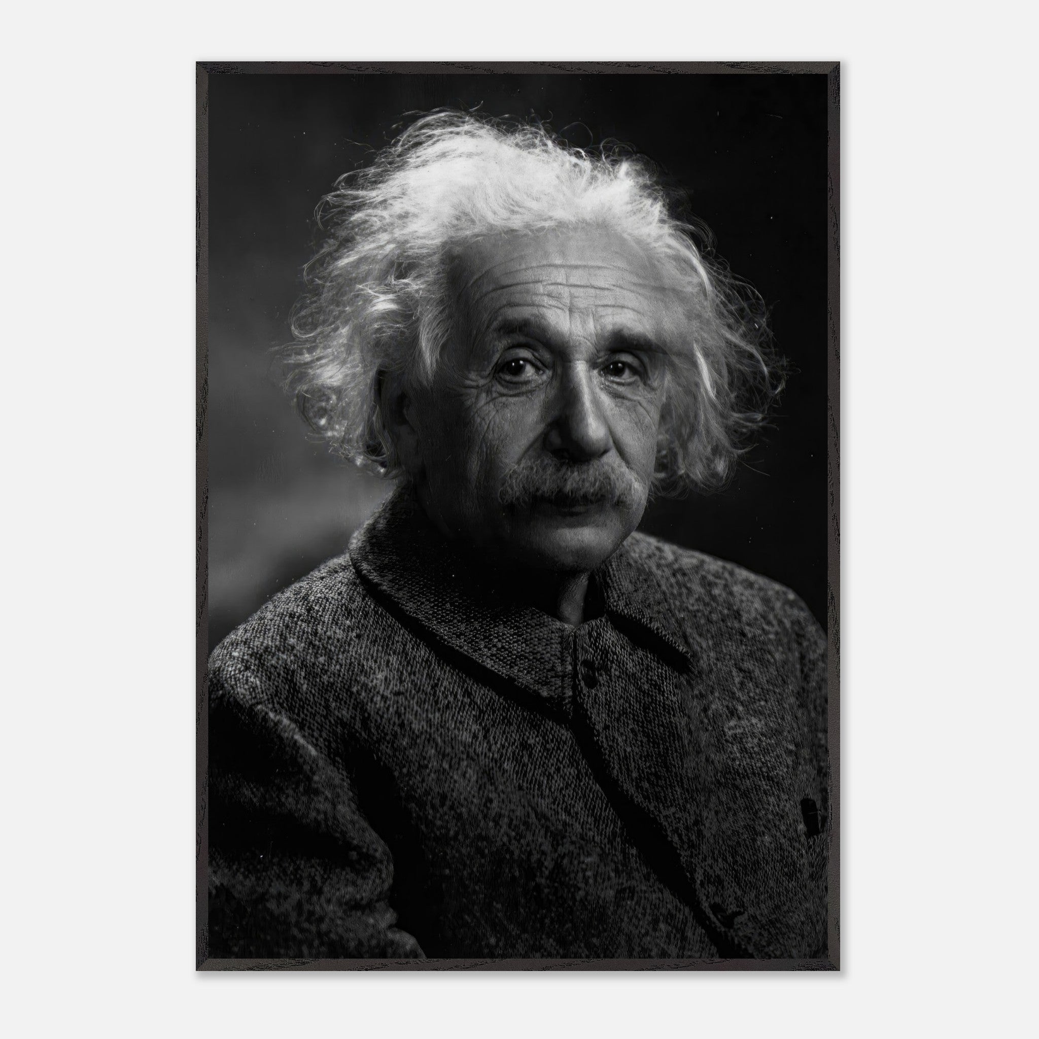 Albert Einstein black-and-white portrait, fine art, museum-quality Giclée print showcasing his iconic features.