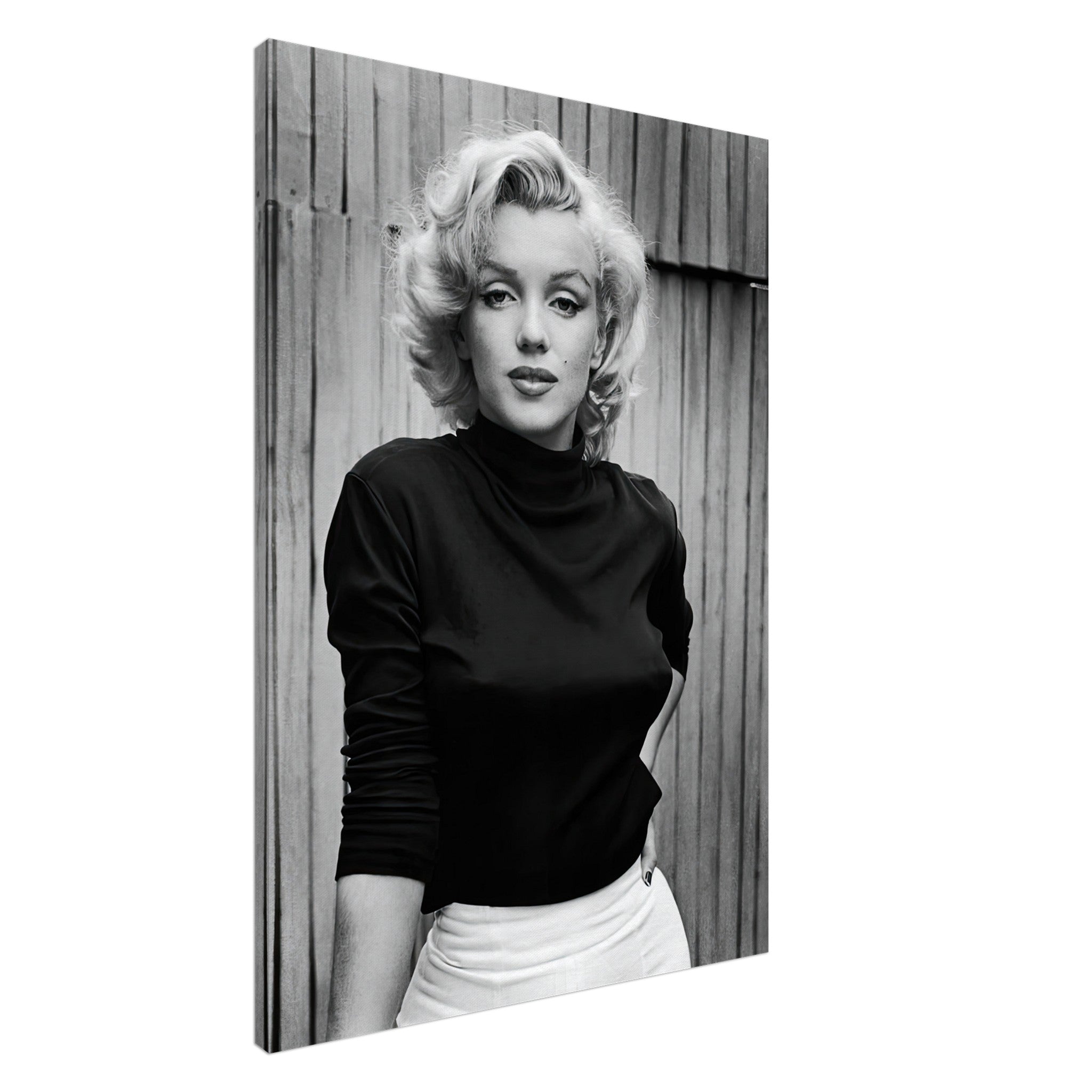 Stunning black-and-white canvas portrait of Marilyn Monroe, showcasing her timeless elegance and charm.