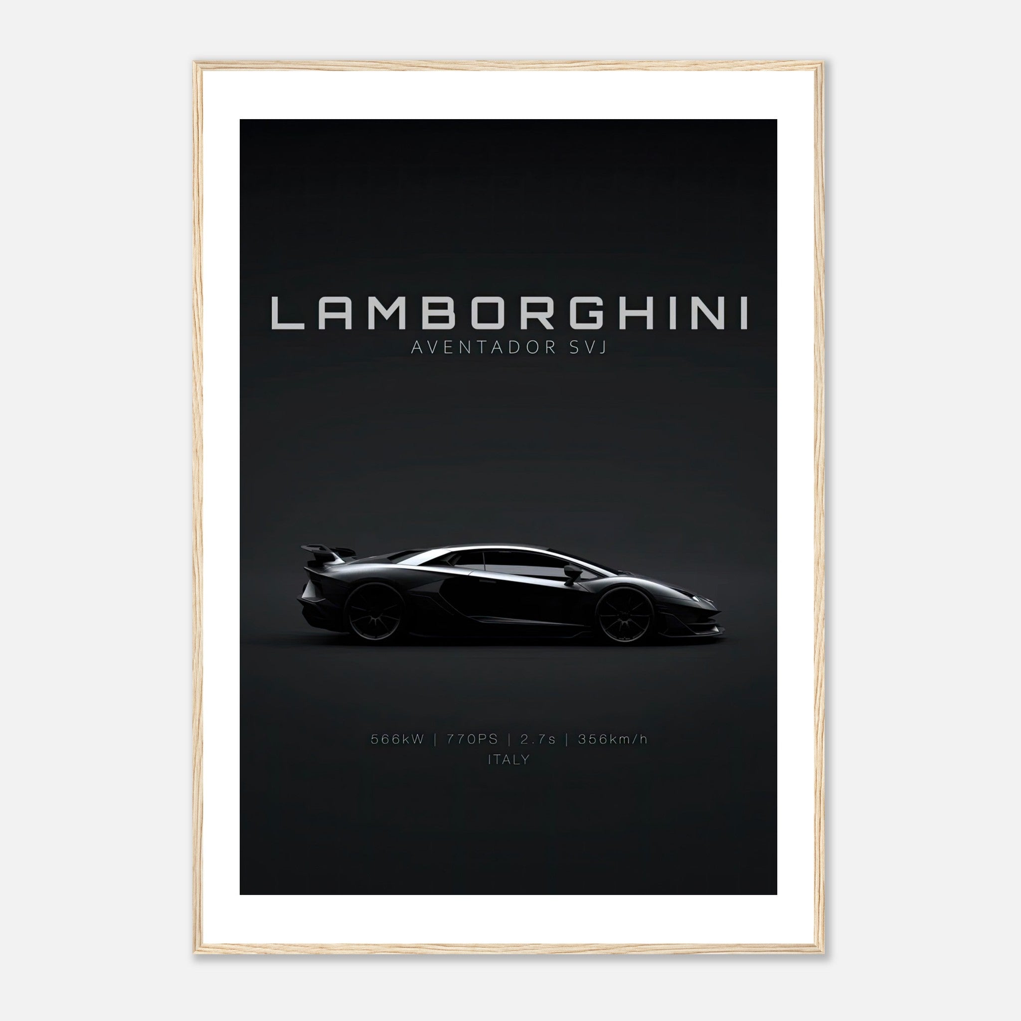 Lamborghini Aventador SVJ framed poster showcasing sleek design and iconic curves, perfect for car enthusiasts.