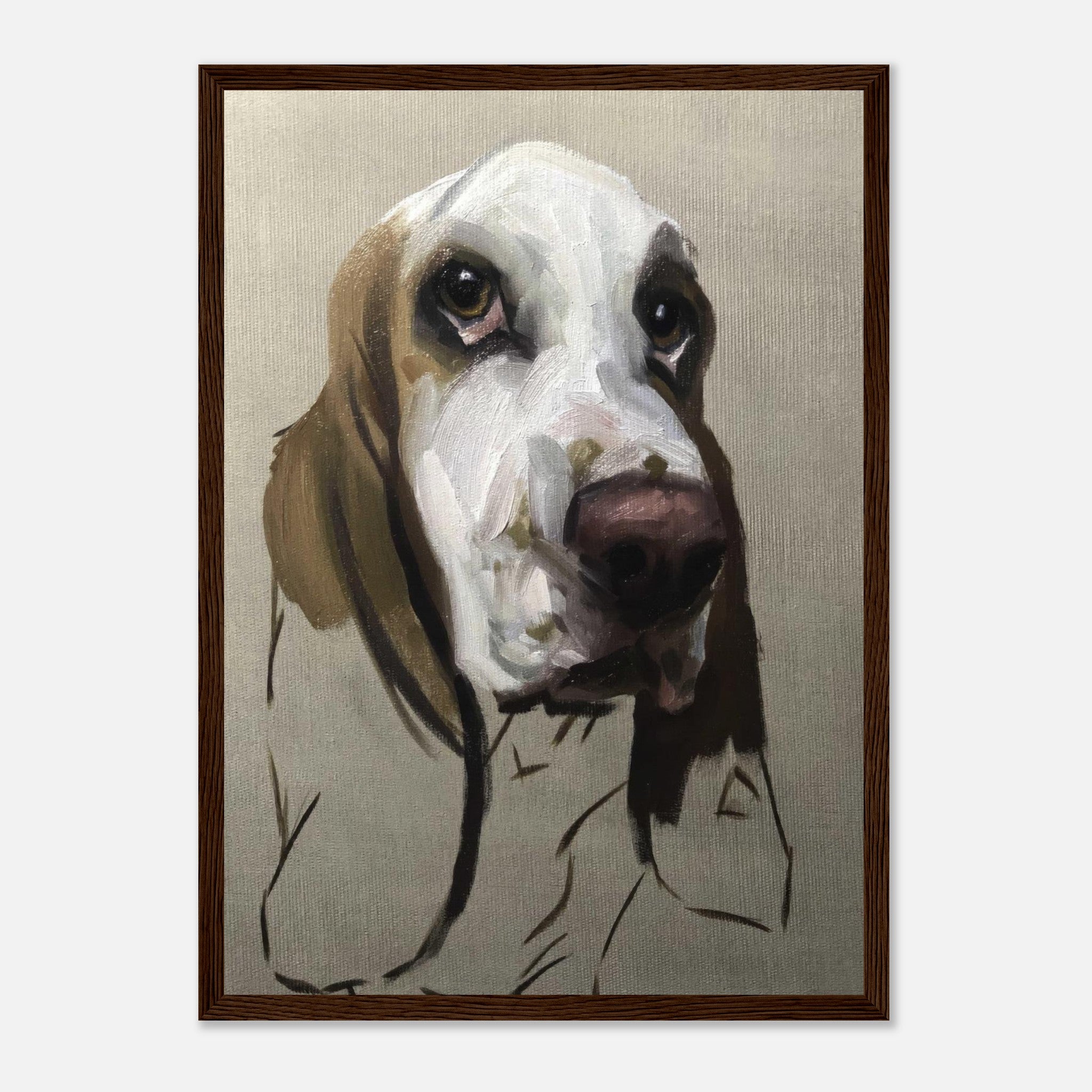 Basset Hound dog painting with soulful expression, framed print, showcasing detailed features and earthy tones.