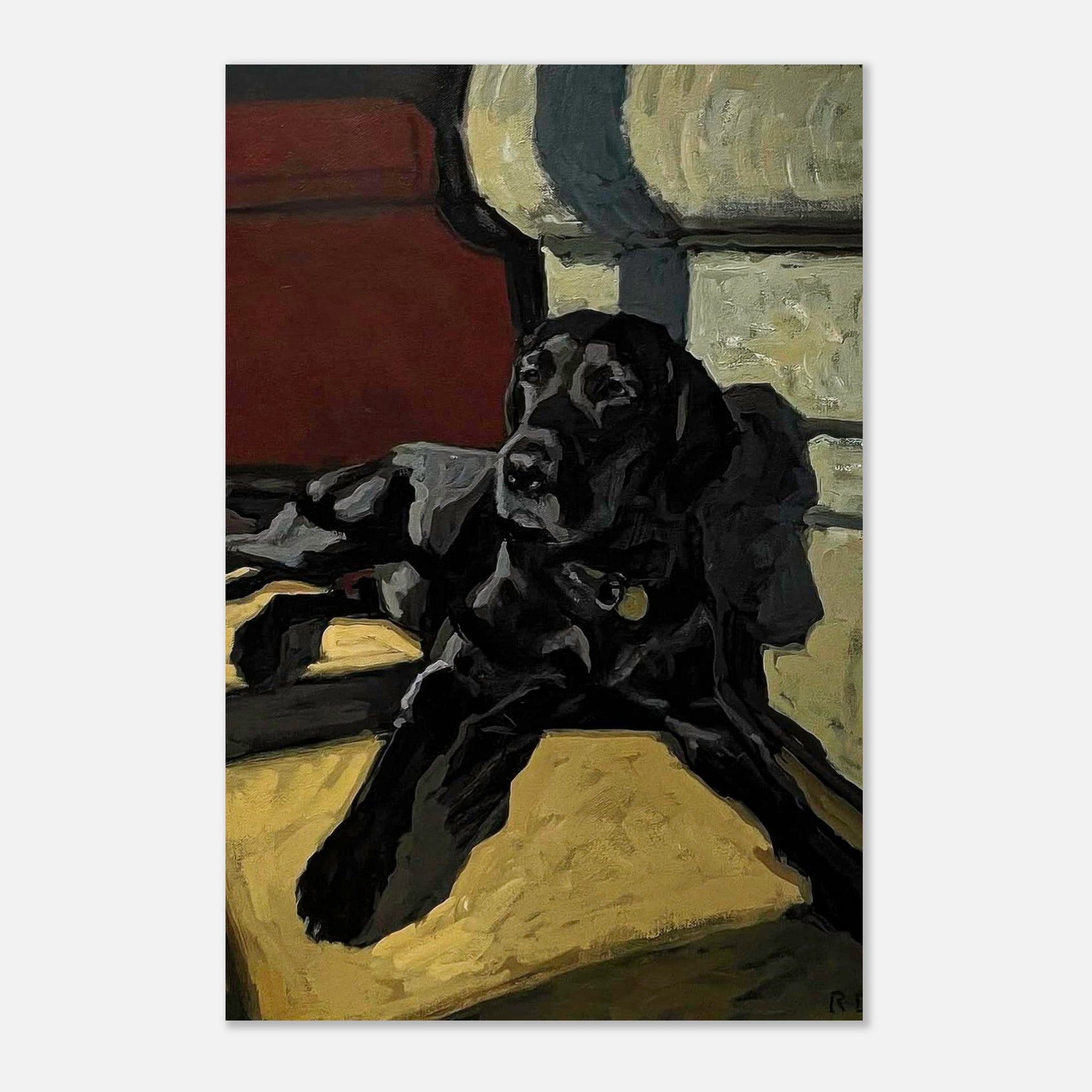 Black Labrador dog painting metal print depicting a black Labrador resting in a serene setting with rich colors.