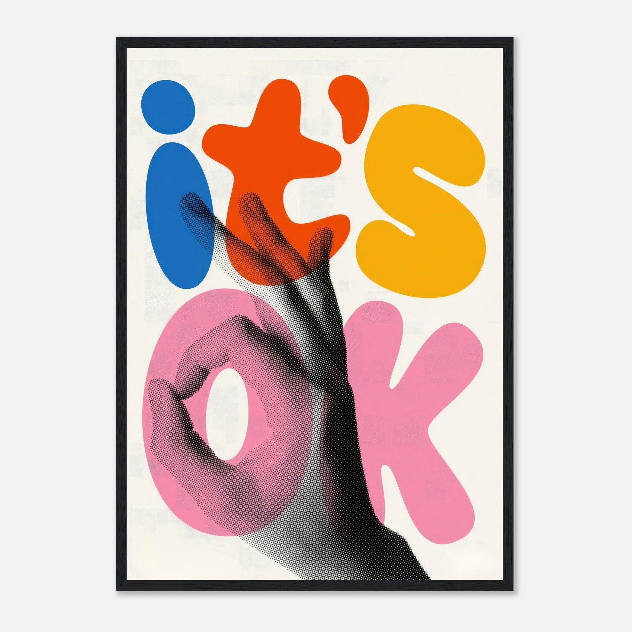 Retro abstract pop art framed print featuring vibrant typography and a hand gesture saying "It's OK" in bold colors.