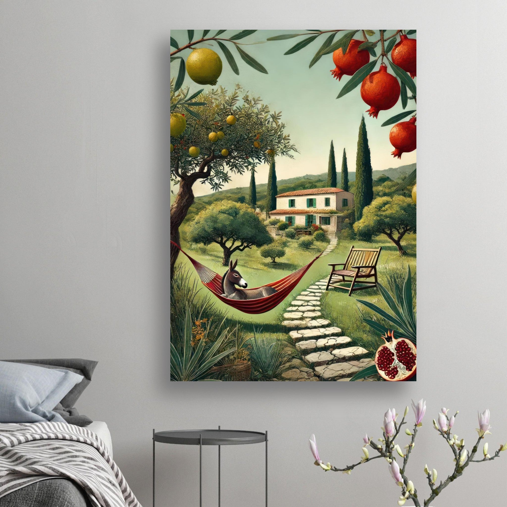 Mediterranean rural landscape poster featuring a villa, hammock, olive trees, and pomegranates in a sunlit setting.