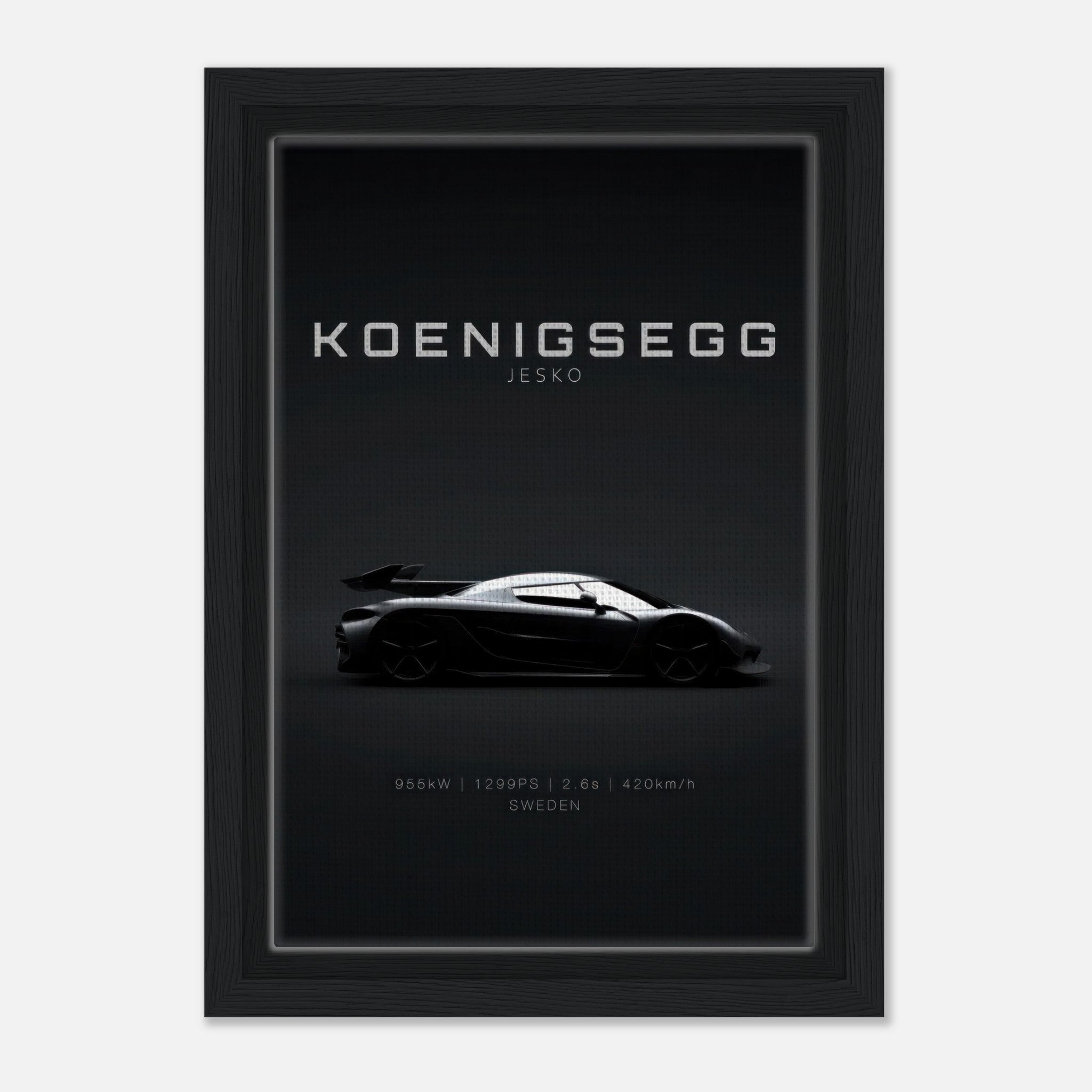 Koenigsegg Jesko framed canvas print showcasing sleek silhouette on a minimalist black background.