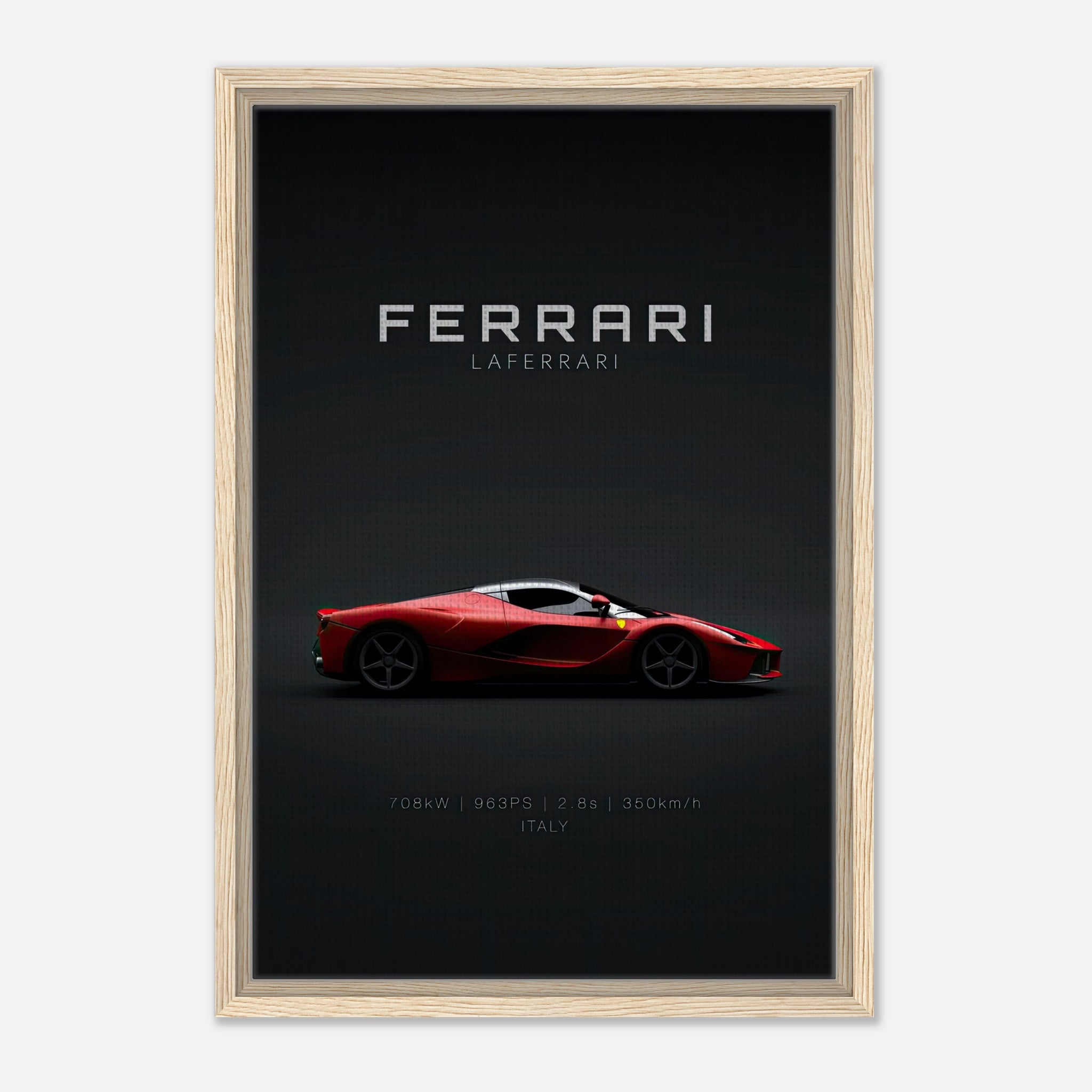 Ferrari Laferrari framed canvas art showcasing a sleek supercar design on a minimalist black background.