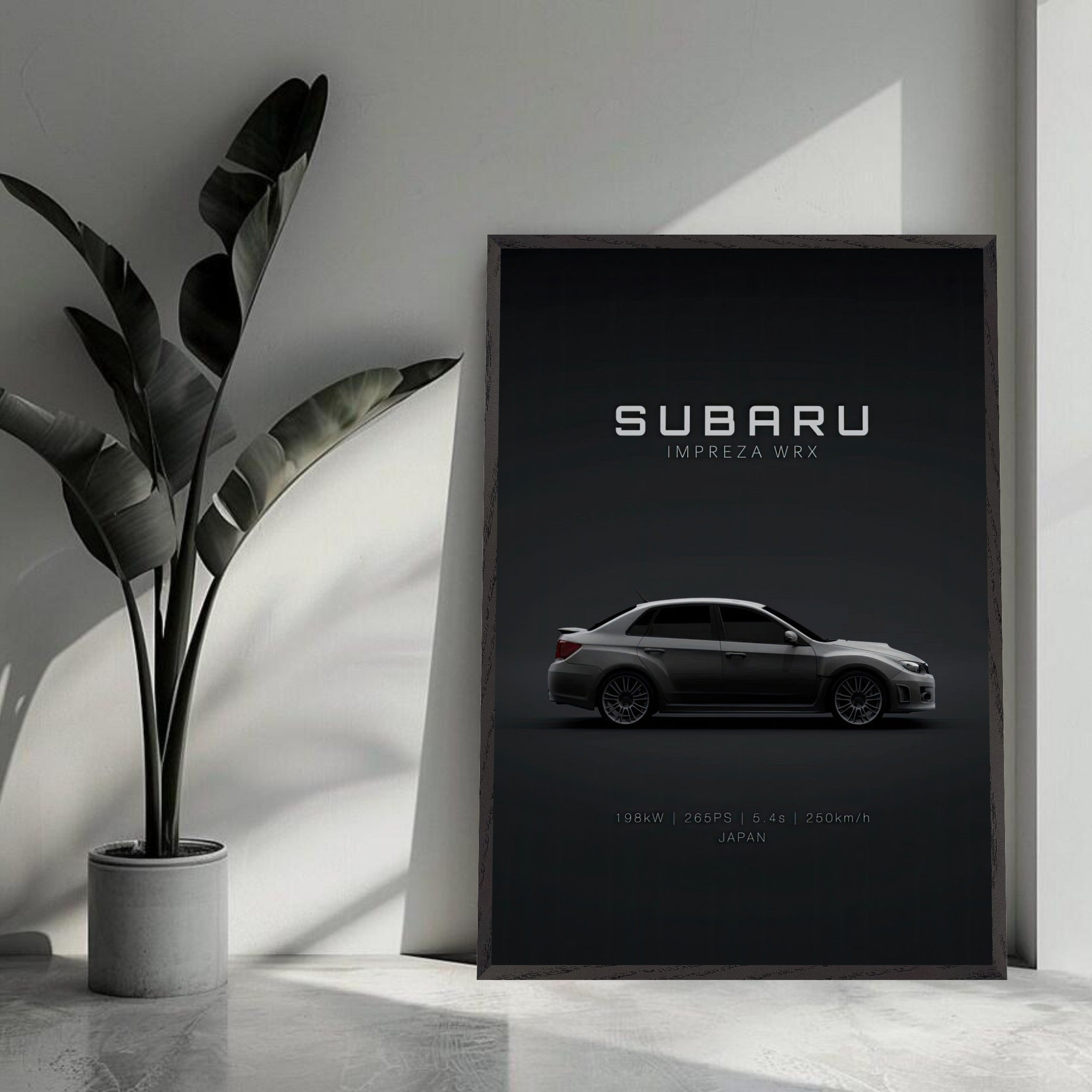 Subaru WRX vintage framed art showcasing the iconic car design against a minimalist backdrop.