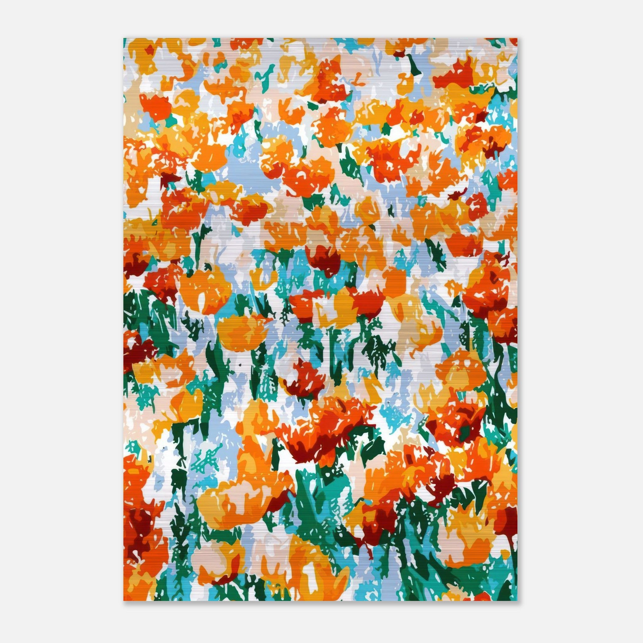 Abstract floral tulip garden artwork featuring vibrant orange and red tulips on a brushed metal print.