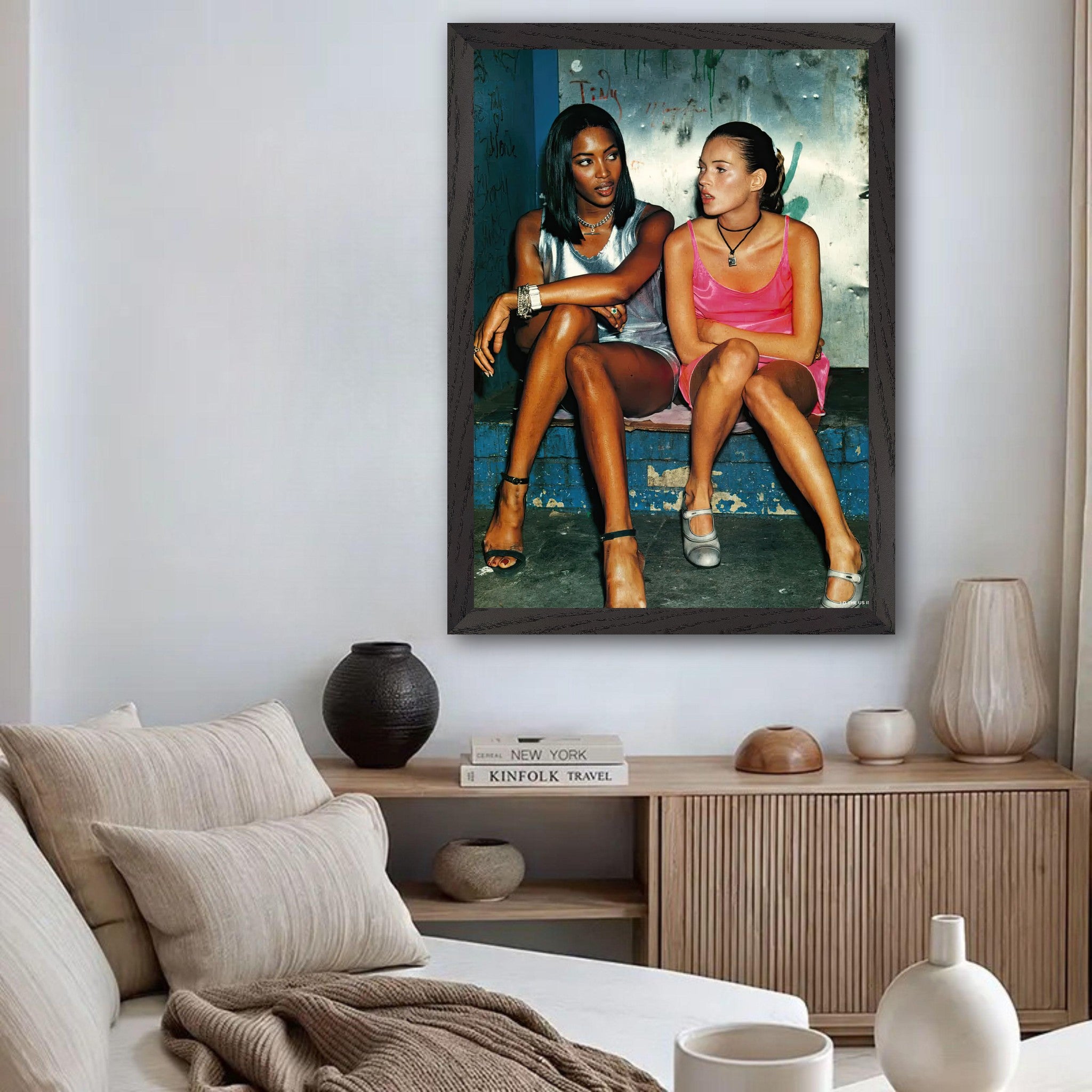 Naomi Campbell & Kate Moss vintage framed print showcasing 90s supermodel glamour in a stylish living room decor.