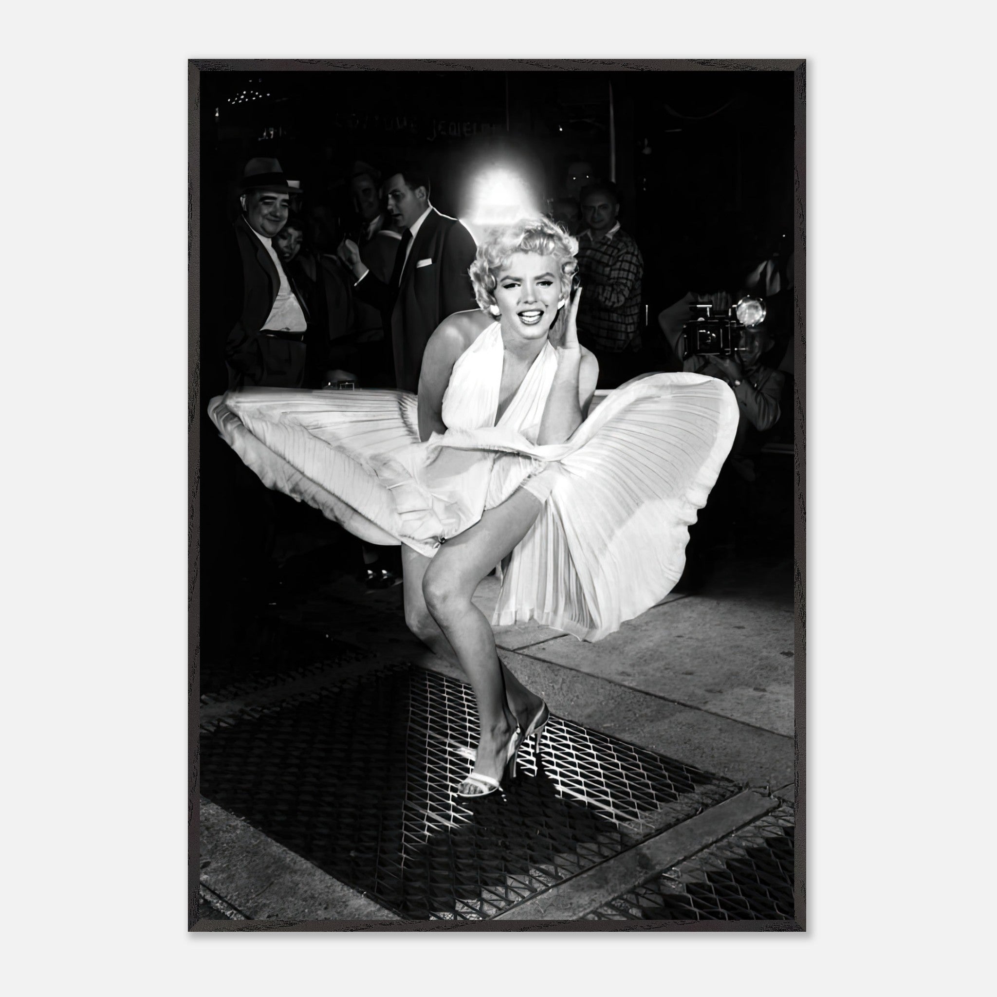 Marilyn Monroe in white dress, playfully caught by wind, iconic Hollywood moment, fine art print.