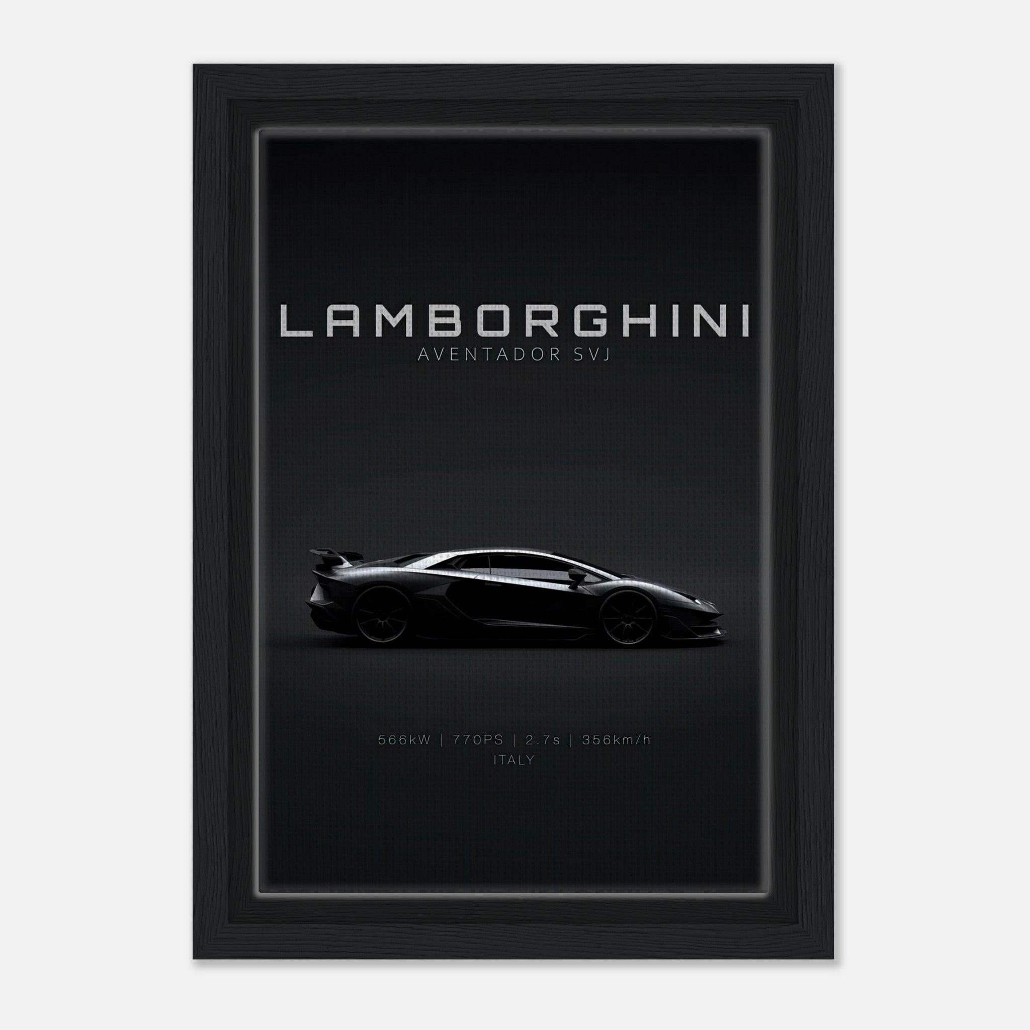Framed canvas of Lamborghini Aventador SVJ showcasing its sleek design on a black backdrop.