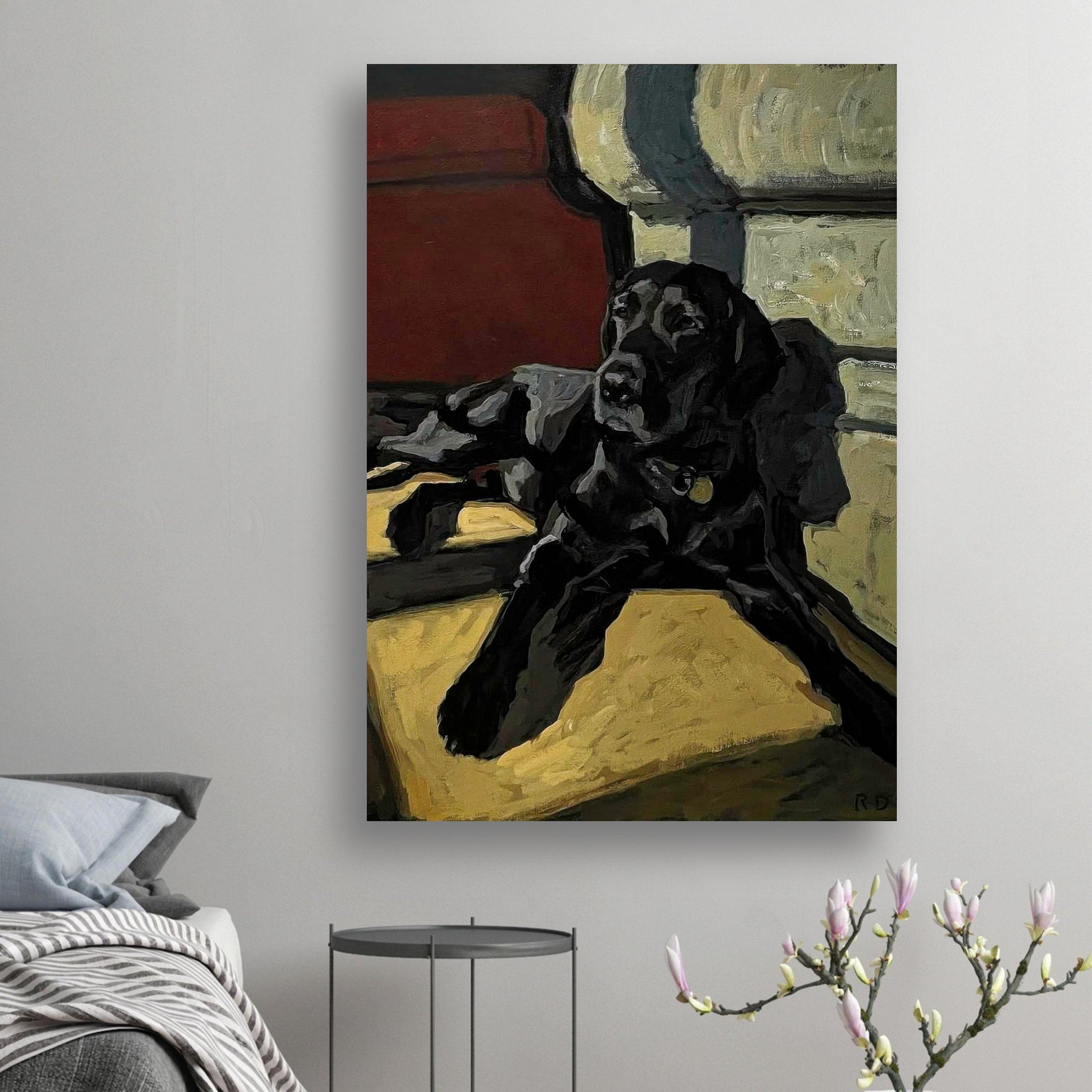 Black Labrador dog painting poster showcasing a relaxed black Labrador in warm tones, perfect for dog lovers' decor.