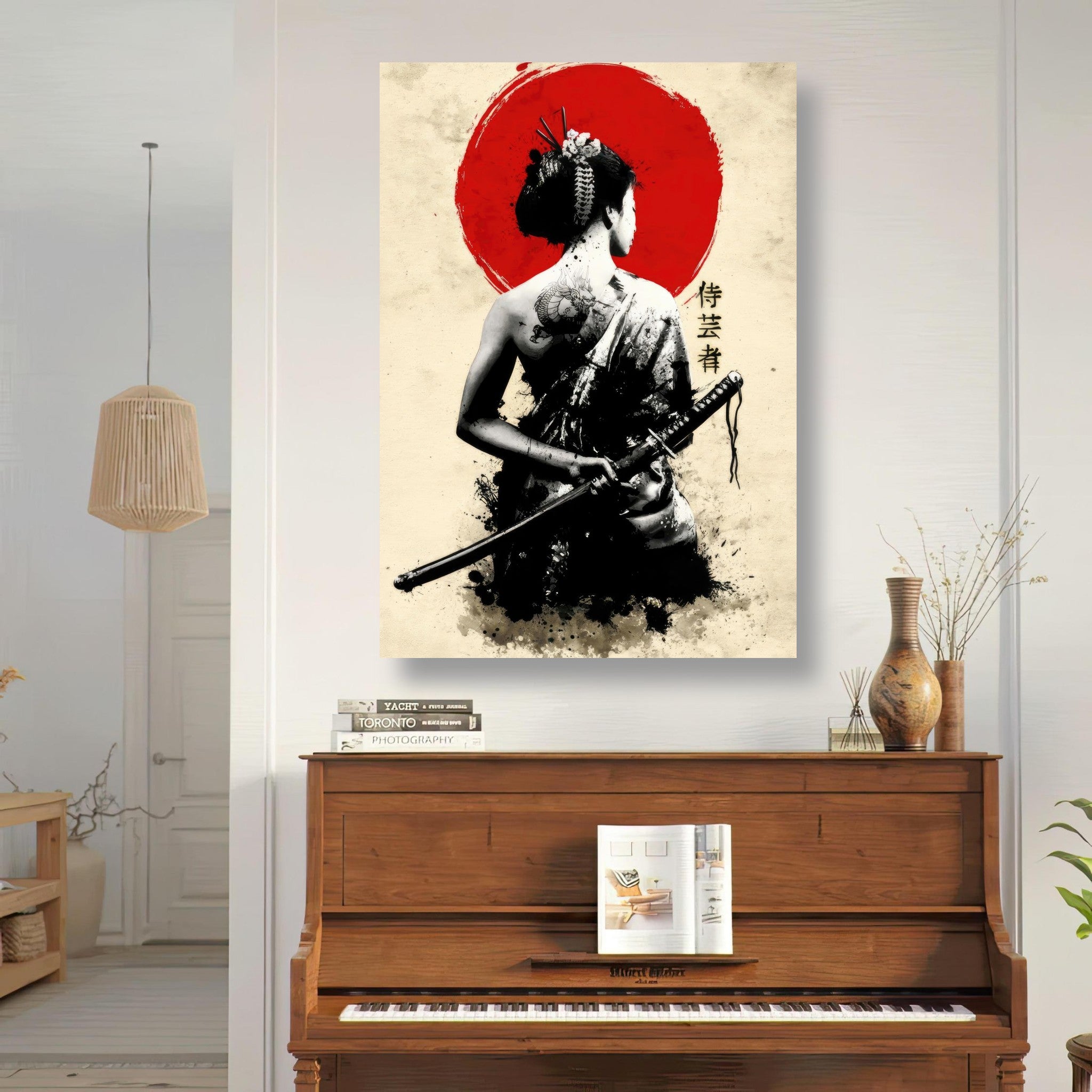 Metal print of a serene geisha wielding a katana against a vibrant red sun, enhancing modern home decor.