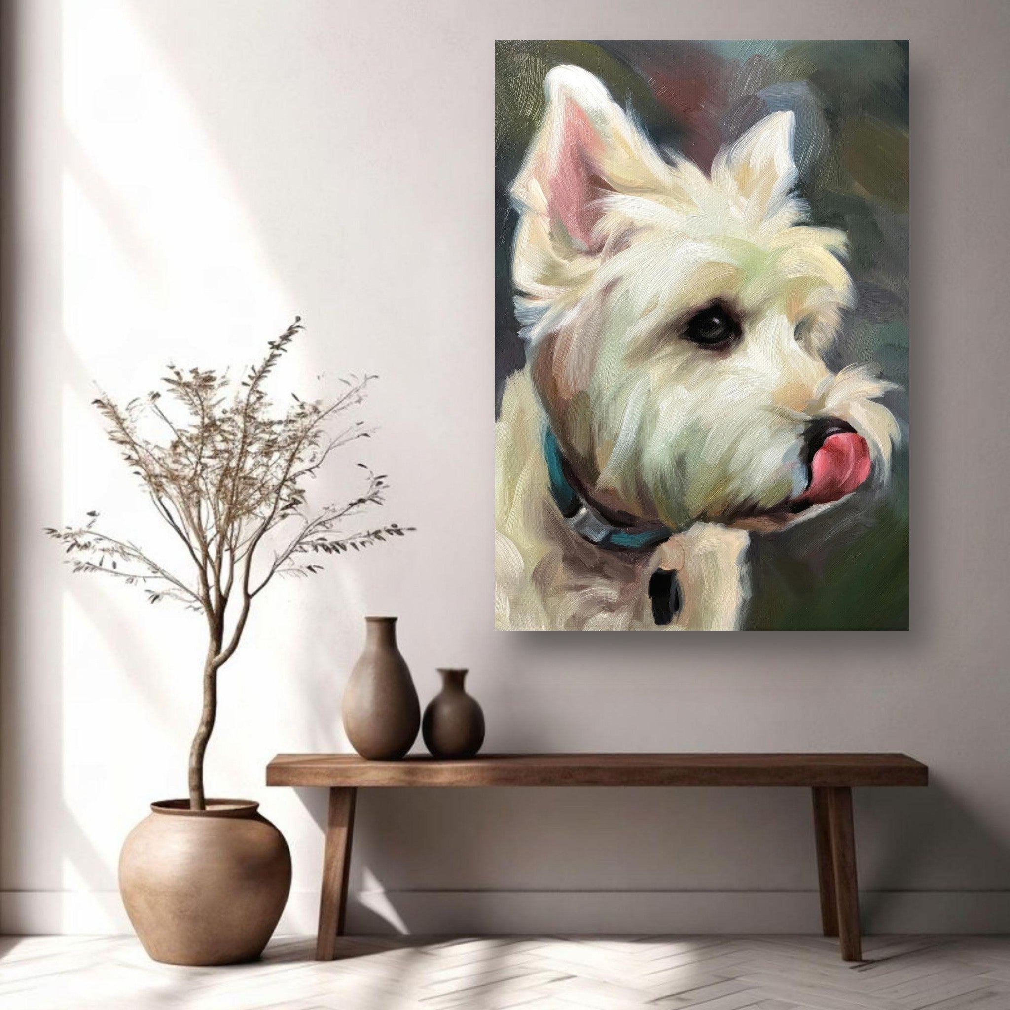 Westie dog painting metal print showcasing a fluffy white terrier with a playful expression on a modern wall.