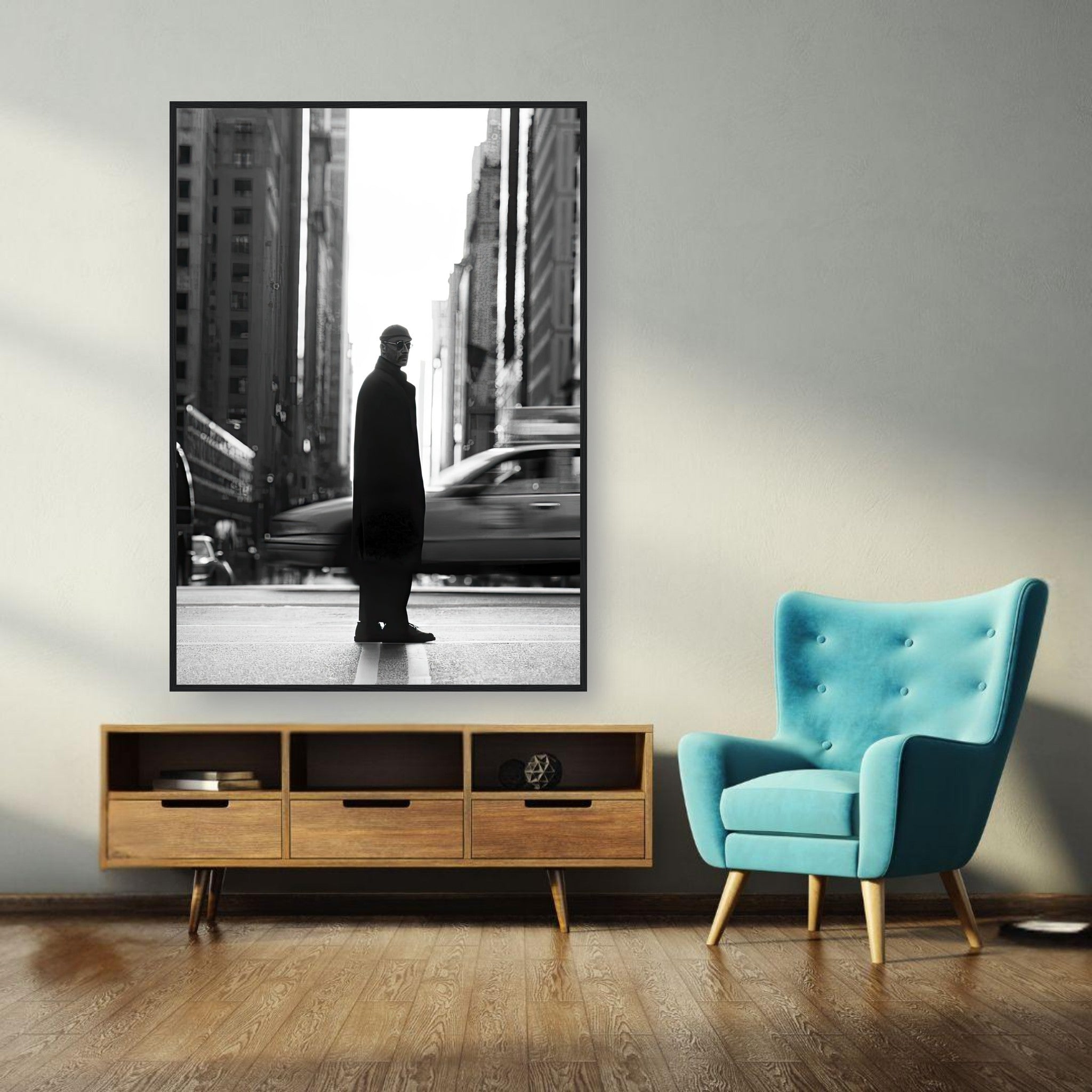 Framed print of Jean Reno as Leon in black-and-white, set in a modern living room.
