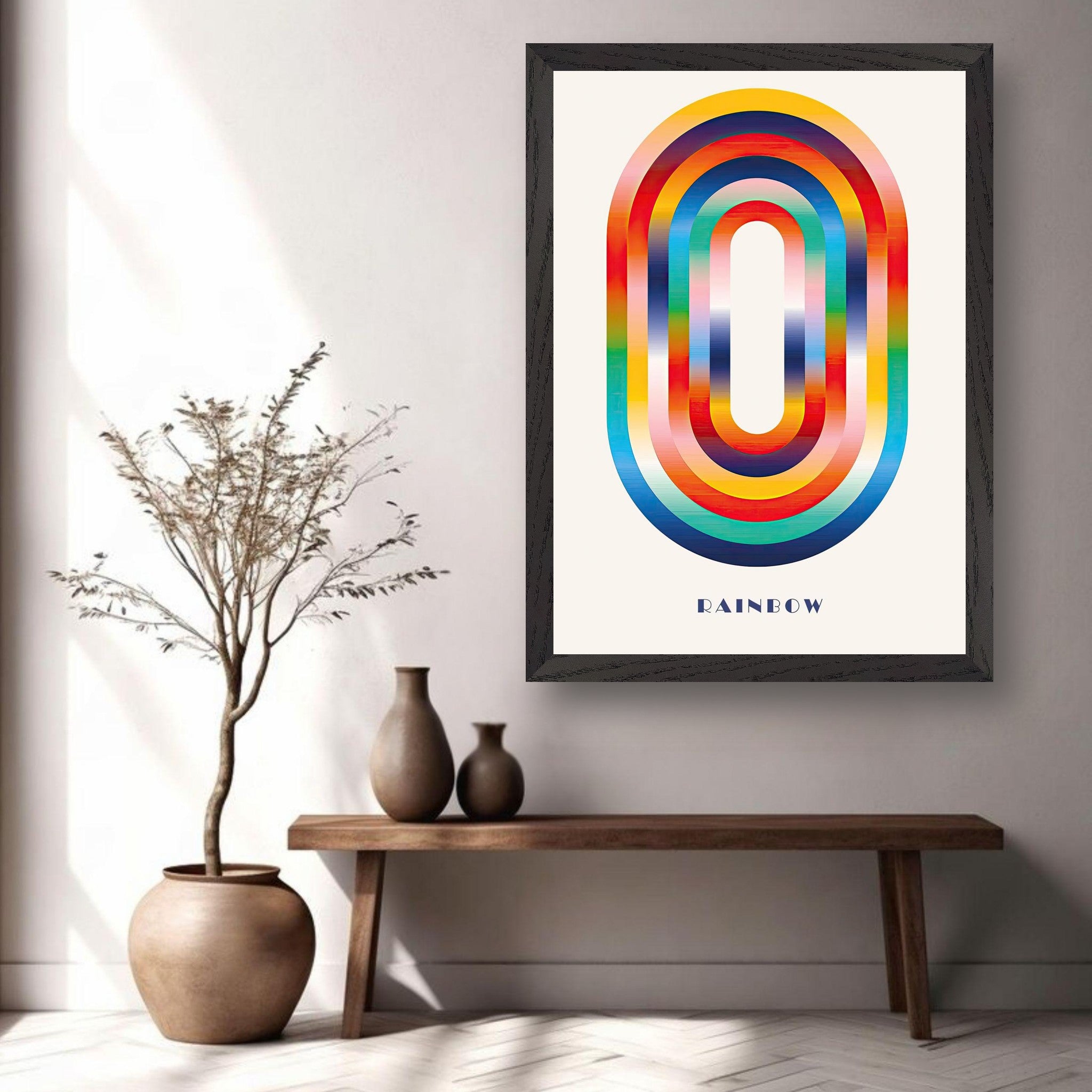 Abstract Rainbow Geometric Art print in a modern room, showcasing vibrant colors and retro charm.