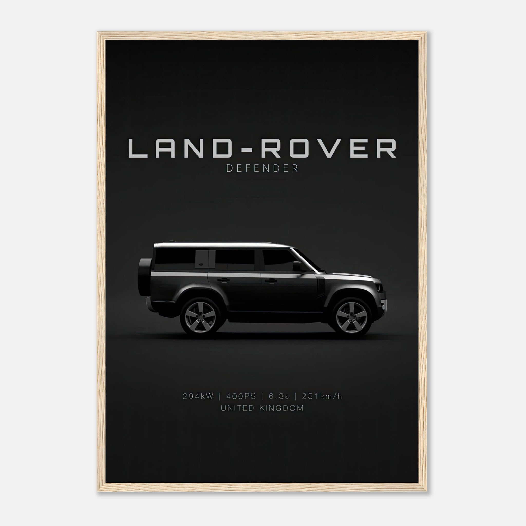 Framed print of Land Rover Defender showcasing its side profile and specifications, ideal for automotive enthusiasts.