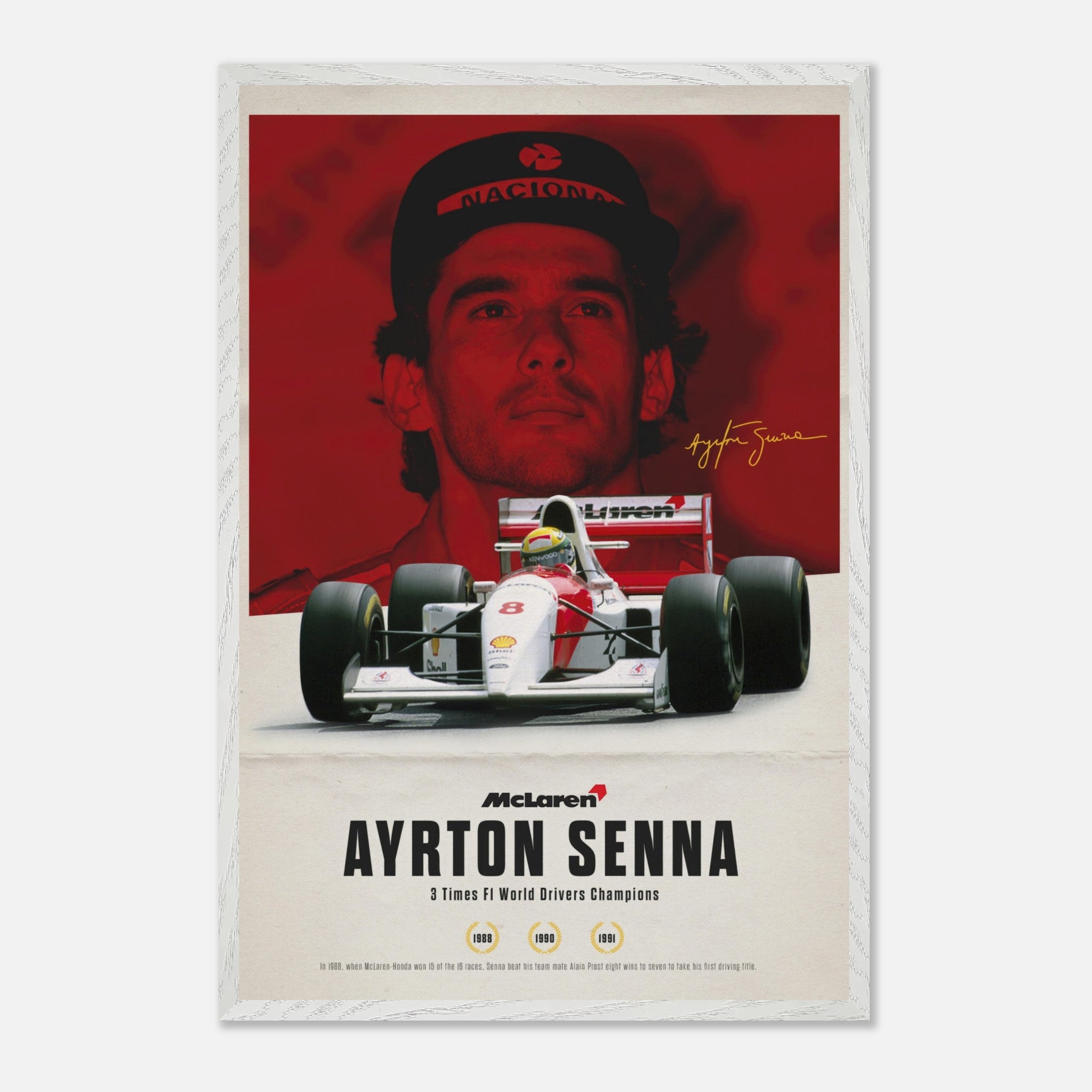 Ayrton Senna vintage framed art featuring McLaren car and portrait in red, highlighting his championship years.