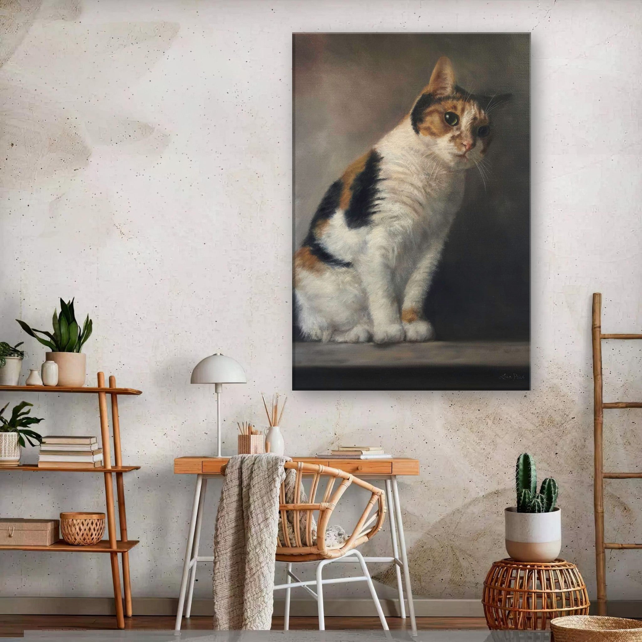 Realistic cat portrait painting canvas print displayed in a stylish interior with modern decor.
