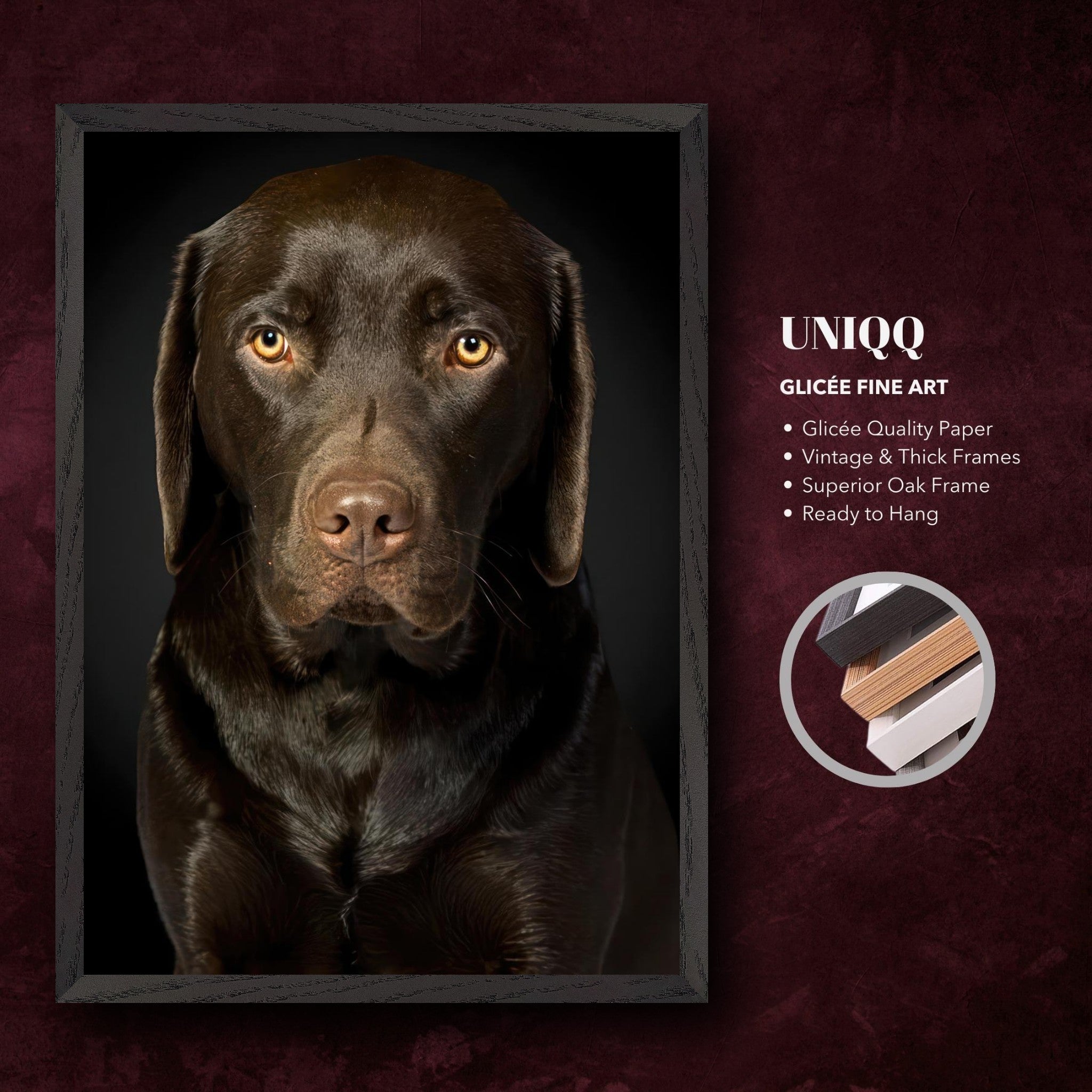 Chocolate Labrador portrait in vintage oak frame, showcasing dog's soulful gaze and glossy coat.