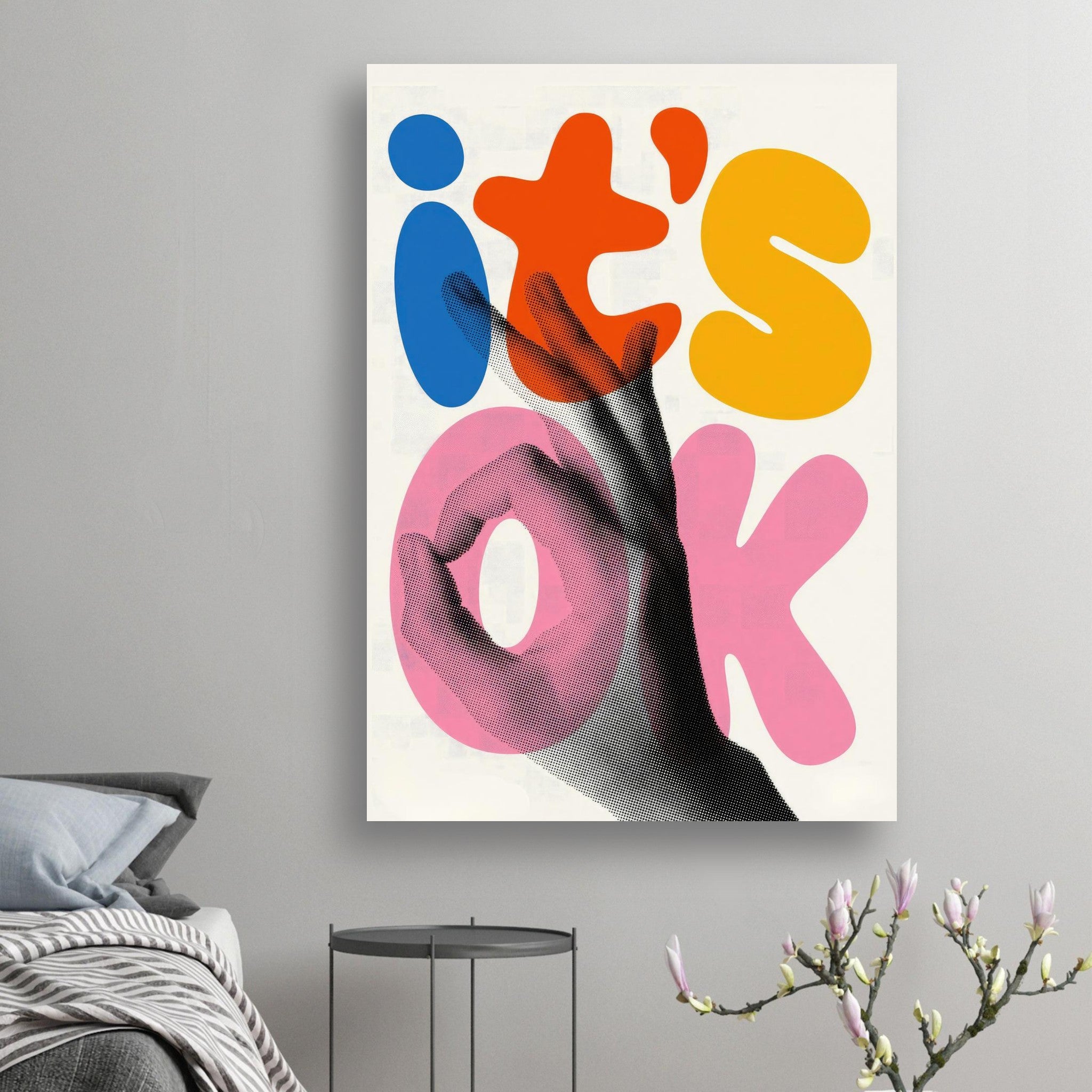 Retro abstract pop art poster featuring vibrant typography and playful colors, showcasing the phrase 'it's OK'.