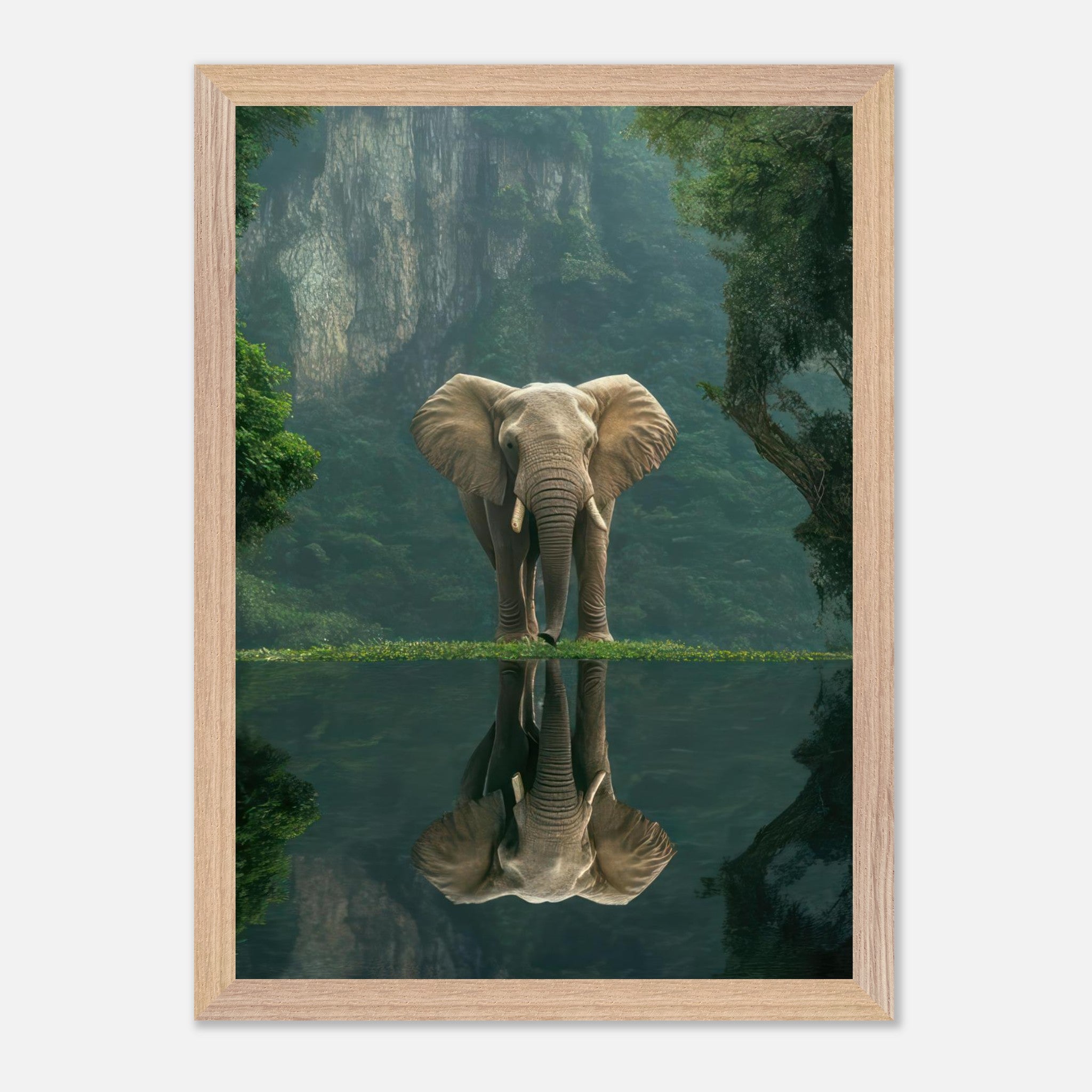 Jungle Elephant Portrait Vintage Framed Print showcasing an elephant beside a serene water reflection in a lush forest backdrop.