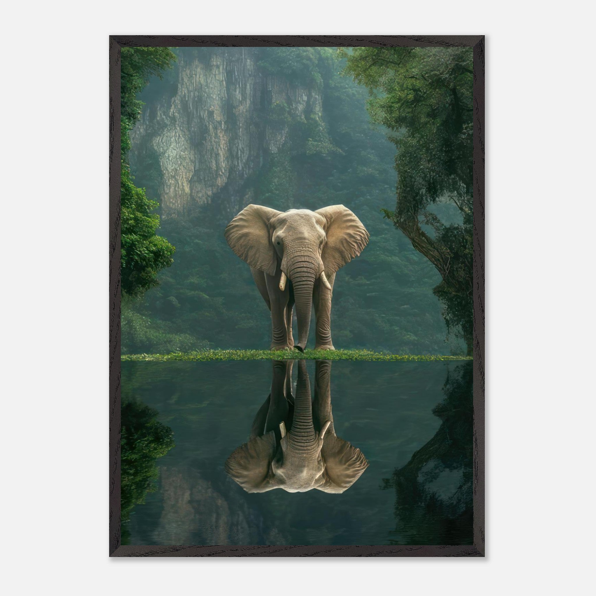 Jungle Elephant Portrait reflecting in water, capturing nature's majesty and tranquility in fine art.