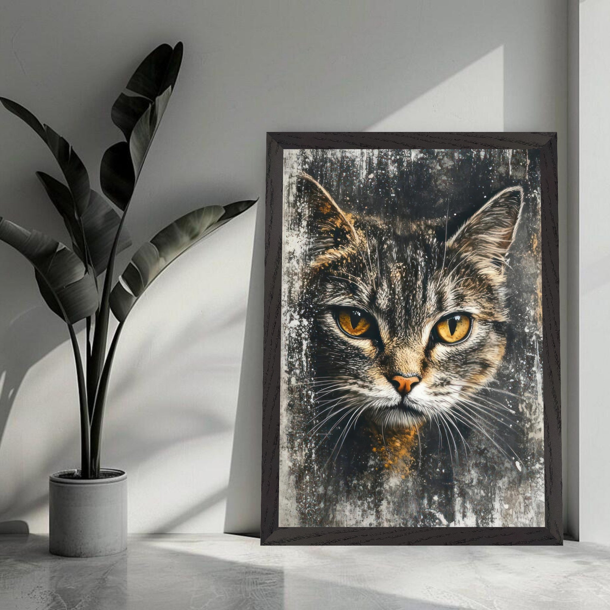 Framed cat painting artwork with striking golden eyes in a stylish home decor setting.
