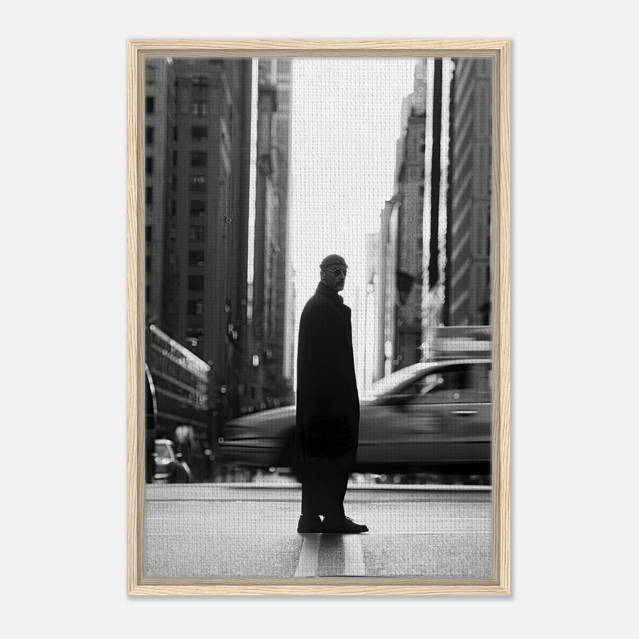 Jean Reno - Leon in New York framed canvas artwork, capturing urban sophistication in black and white.